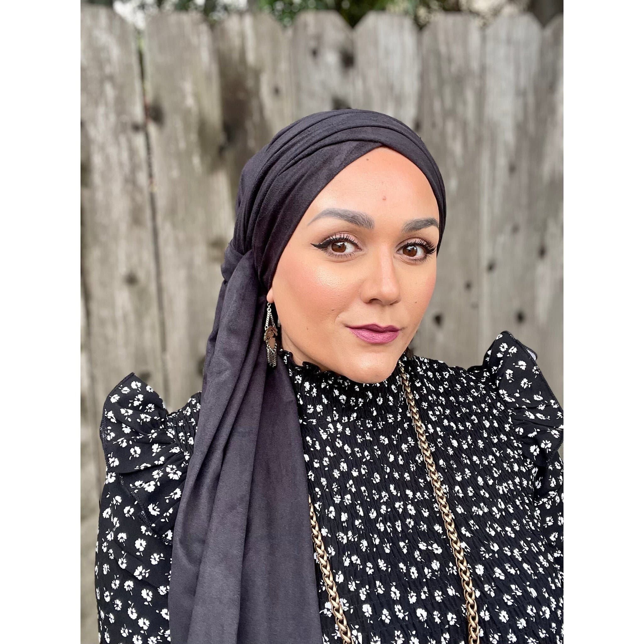 Black Faux Suede Stretchy Head Scarf, Head Wrap for Chemo, Head Wear for Women, Turban Scarf, Tichel, African Head Wrap, Winter Hat Wrap - image 5