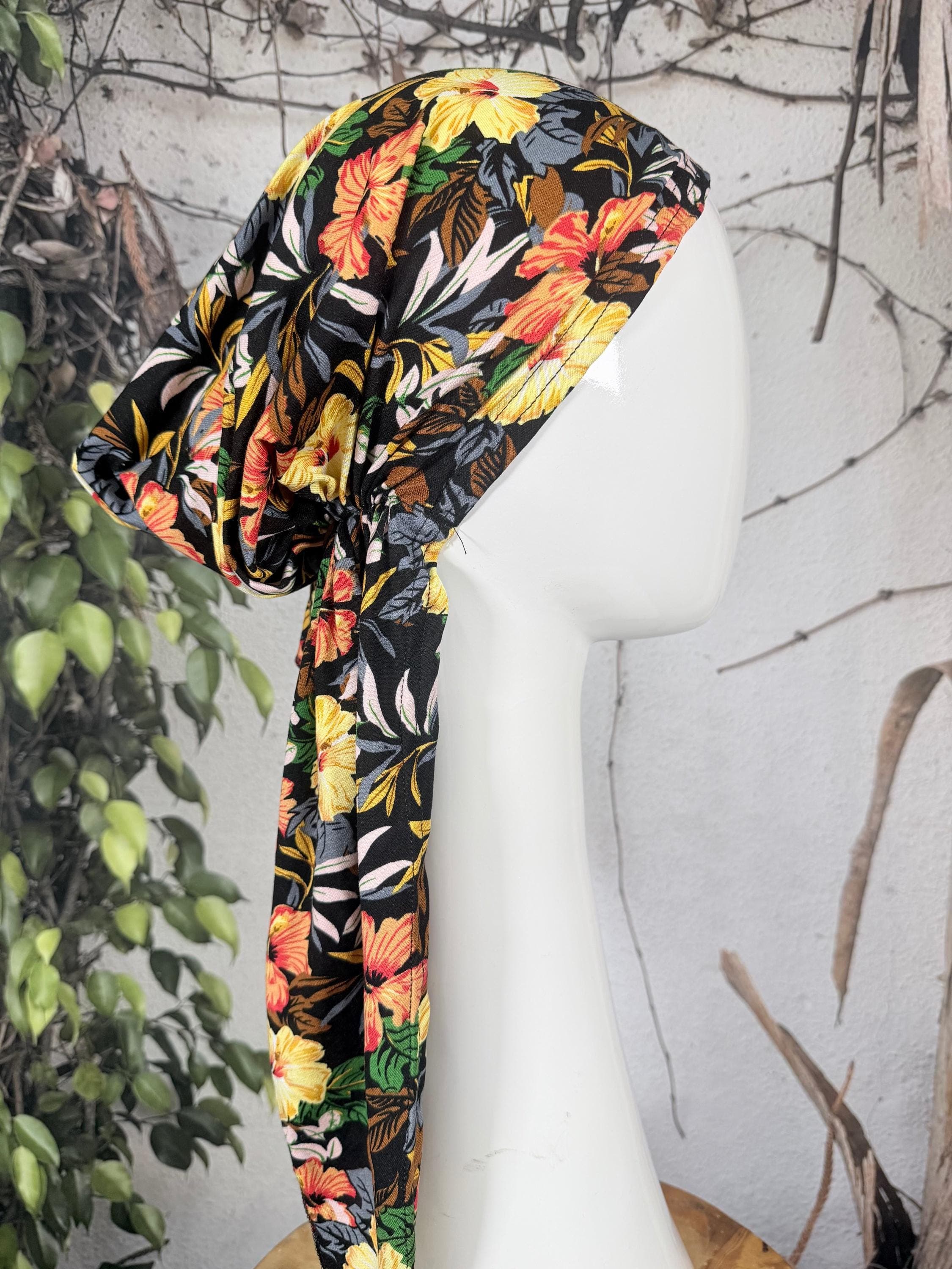 Stretchy Pre Tied Tichel Headscarf for Women, Black Floral Print, Standard Tails, Slip On Bandana Headcover, Chemo Headwear Convenient
