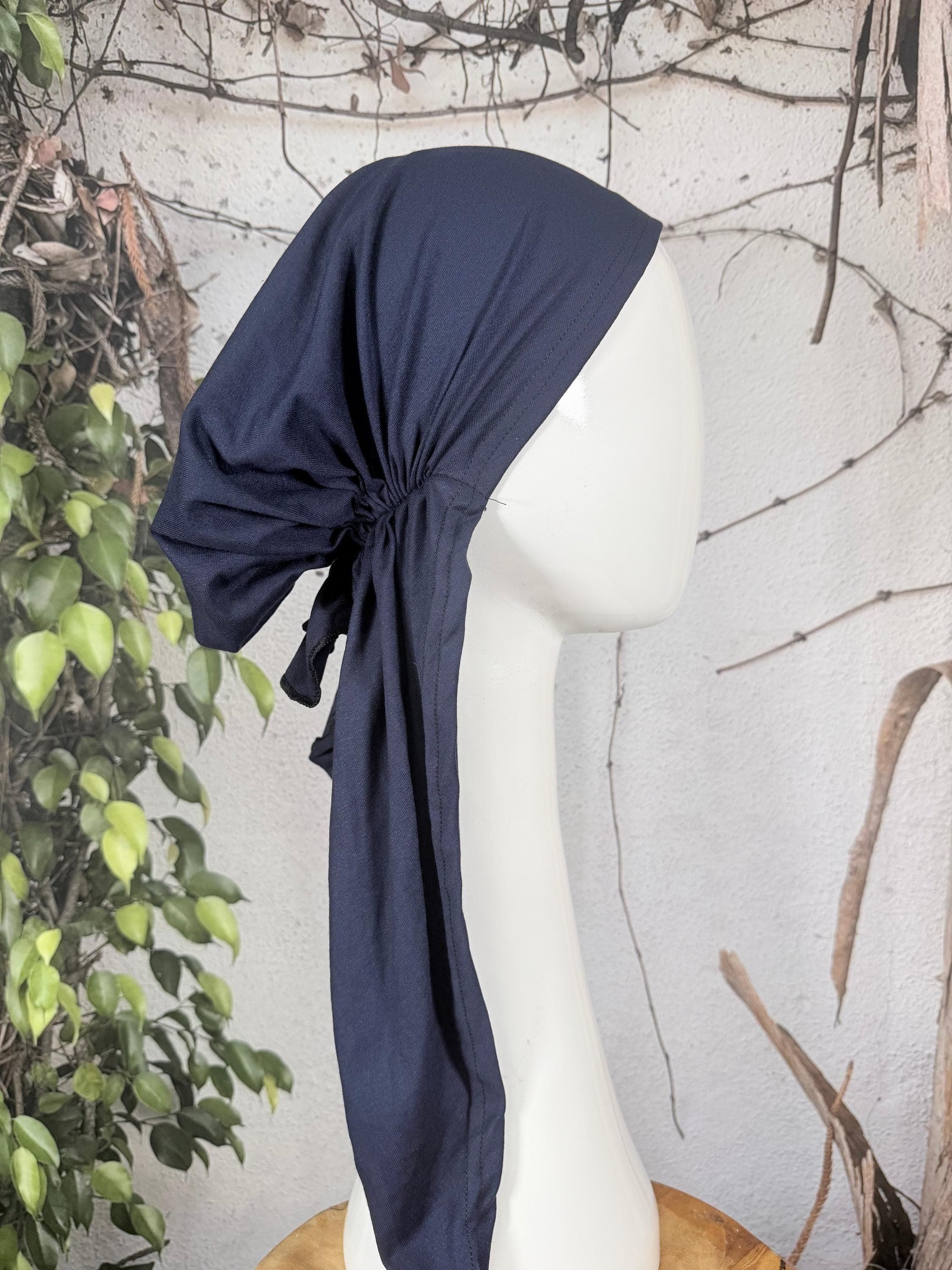 Stretchy Pre Tied Tichel Headscarf for Women, Navy Blue, Standard Tails, Slip On Bandana Headcovering, Chemo Headwear, Convenient Hair Cover