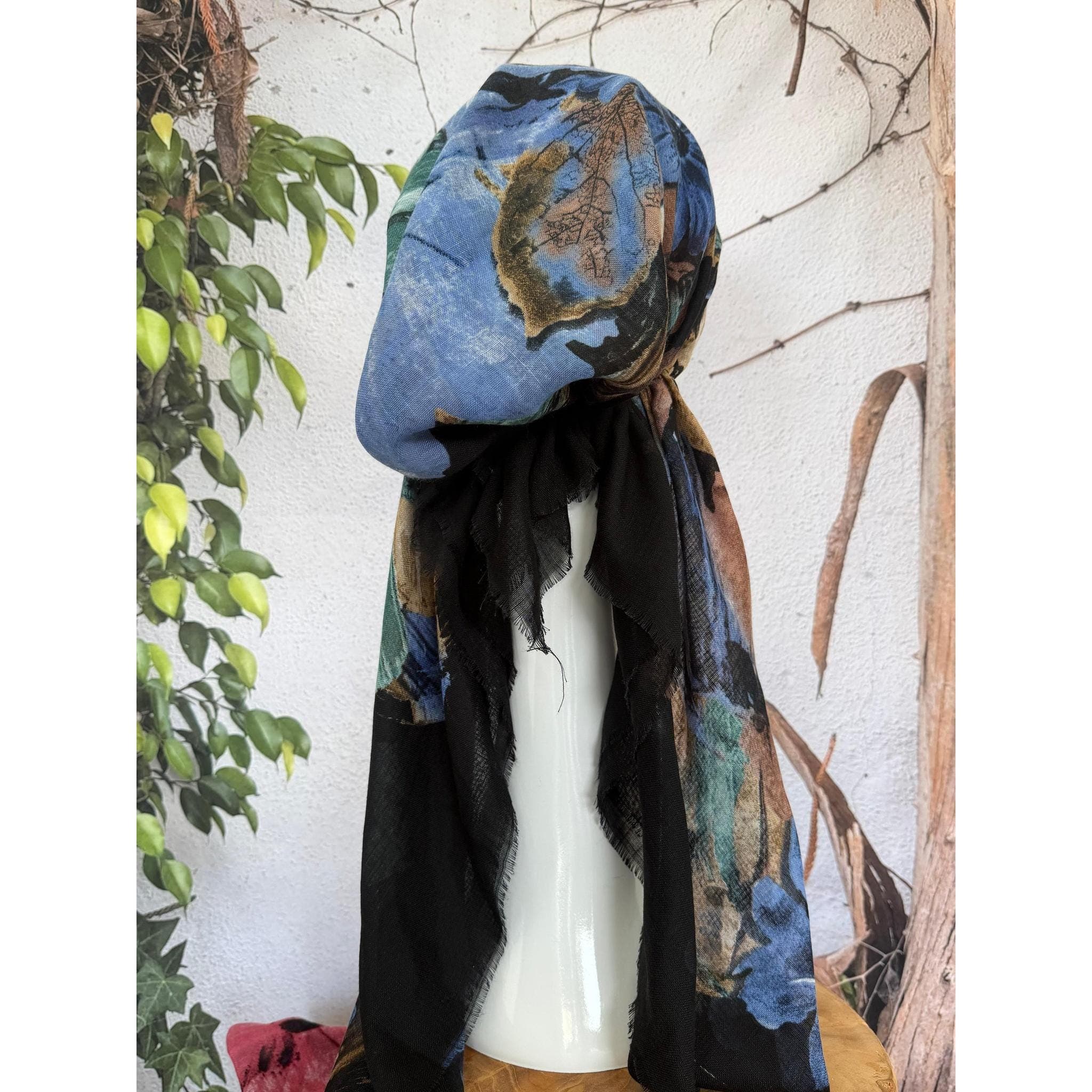 Turkish Cotton Textured NON-SLIP Print Pretied w/ Long Tails - Black/Blue-pretieds-The Little Tichel Lady
