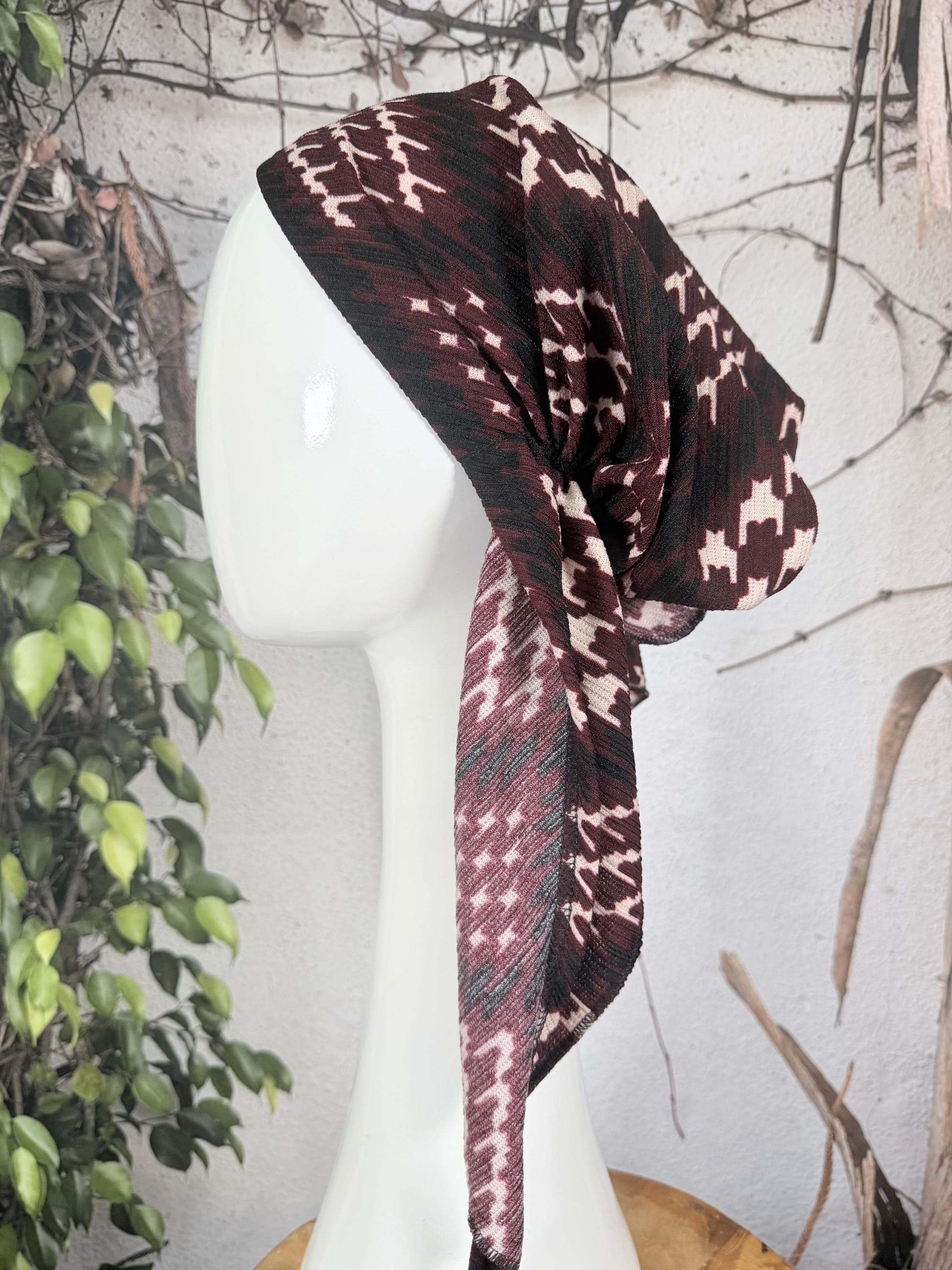 Stretchy Pretied Tichel - Textured Burgundy Houndstooth-pretieds-The Little Tichel Lady