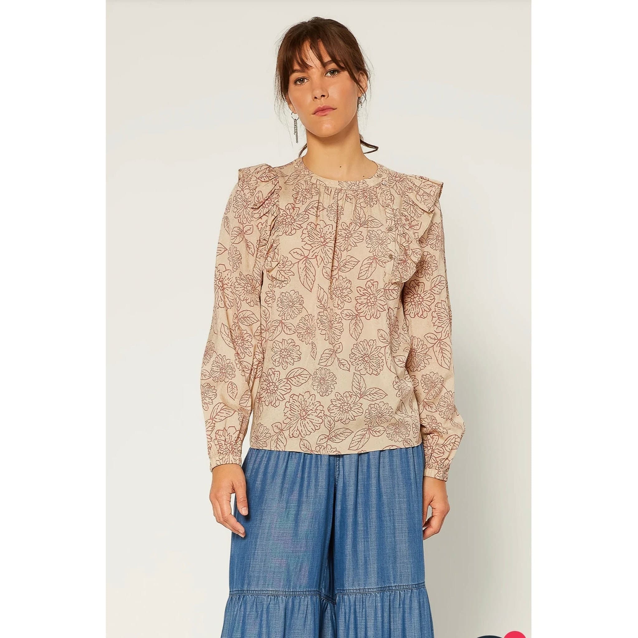 Printed Ruffle Blouse for Women, XS-LG, Beautiful Rose Design, Long Sleeve, Modest Tznius Top, Elegant Tunic Shirt