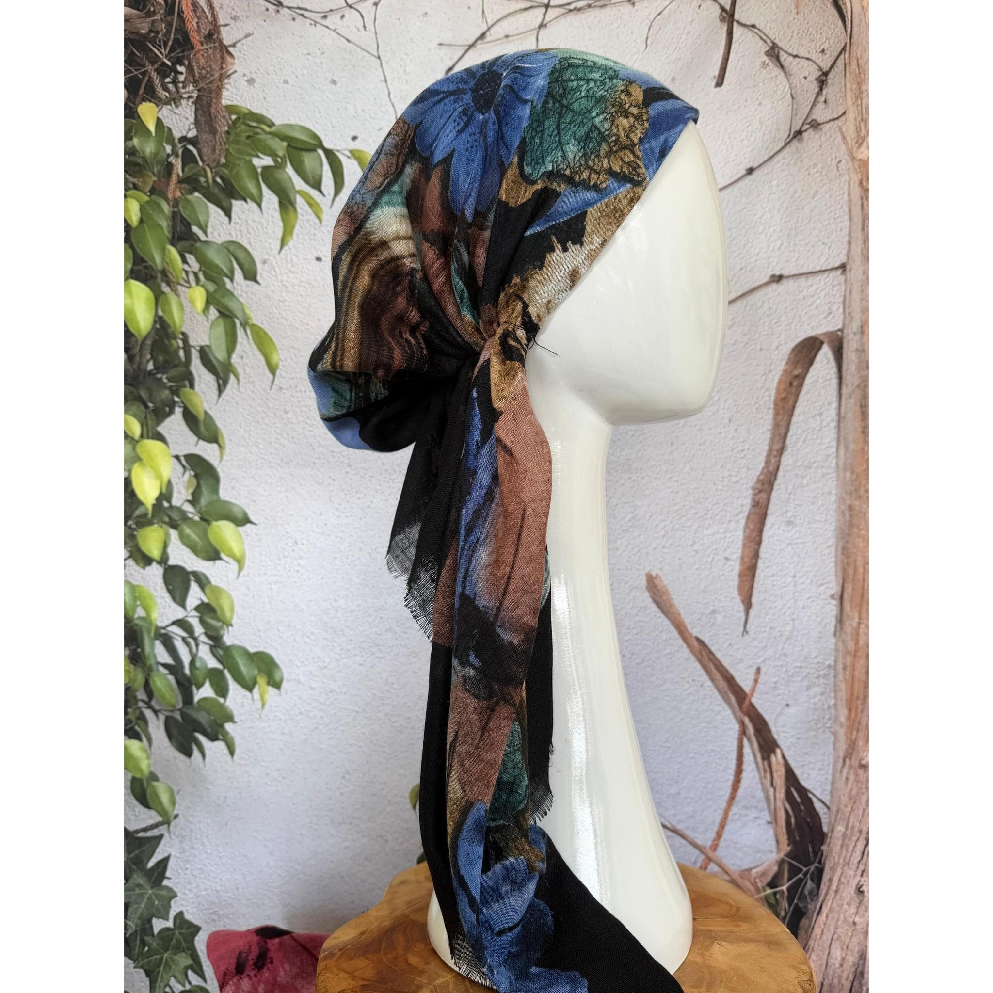 Pre Tied Head Scarf for Women, NON-SLIP Band Attached, Black/Blue, Cotton Textured Long Tails, Chemo Headwear, Slip On Bandana Cover Tichel