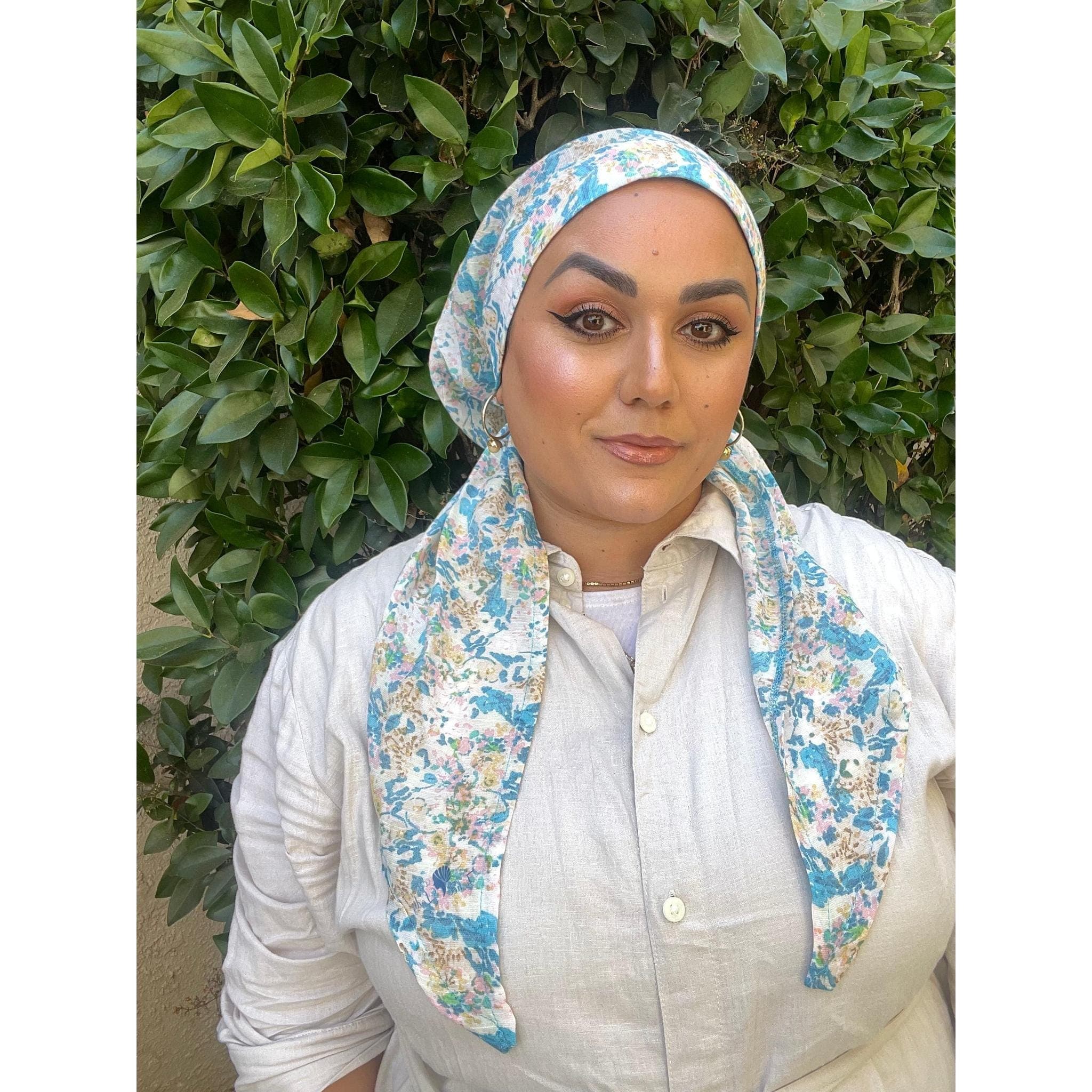 Lightweight Pre Tied Head Scarf, Everblooming Print, Velvet Band Attached, Adjustable Band, Non Slip, Slip On Chemo Headwear, Tichel Lady