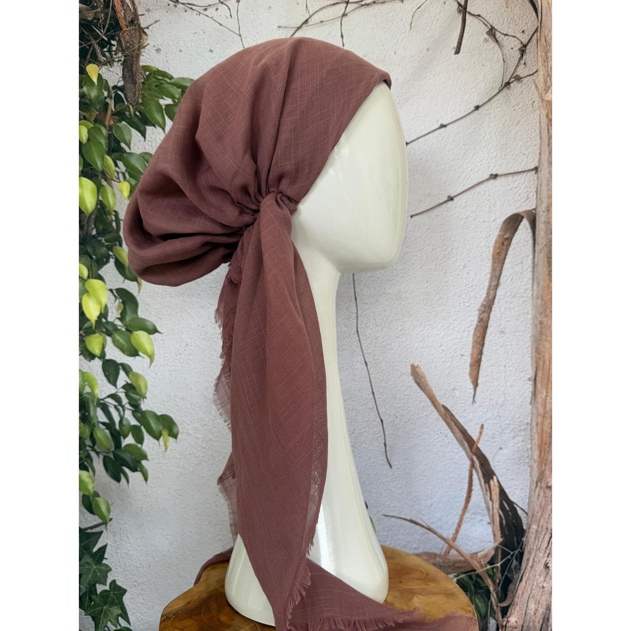 Pre Tied Head Scarf for Women, NON-SLIP Band Attached, Mauve, Cotton Textured Long Tails, Chemo Headwear, Slip On Bandana Cover Tichel Lady