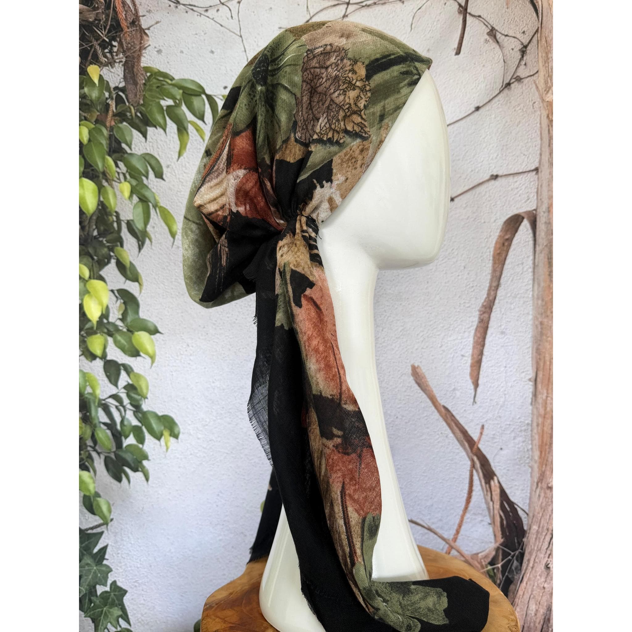 Pre Tied Head Scarf for Women, NON-SLIP Band Attached, Black/Olive, Cotton Textured Long Tails, Chemo Headwear, Slip On Bandana Cover Tichel