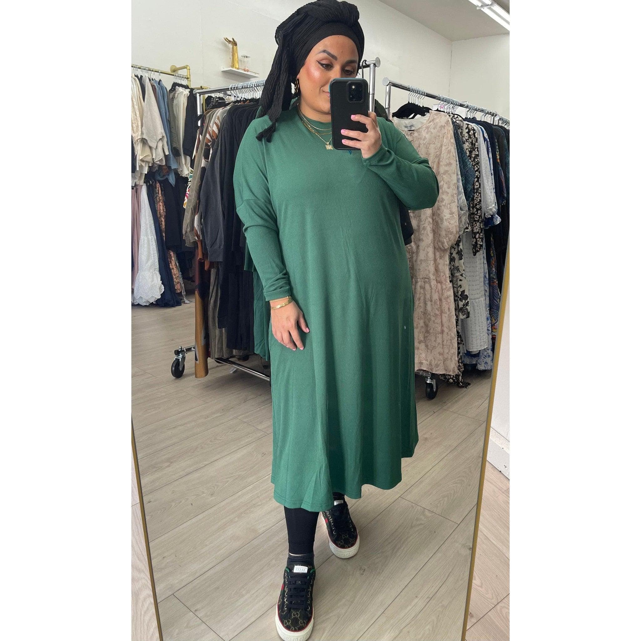 Ribbed Crew Neck Dress, Green, XS-3XL, PLus Sizes, Pockets, Swing Design, Comfortable Modest Clothing, Any Occasion