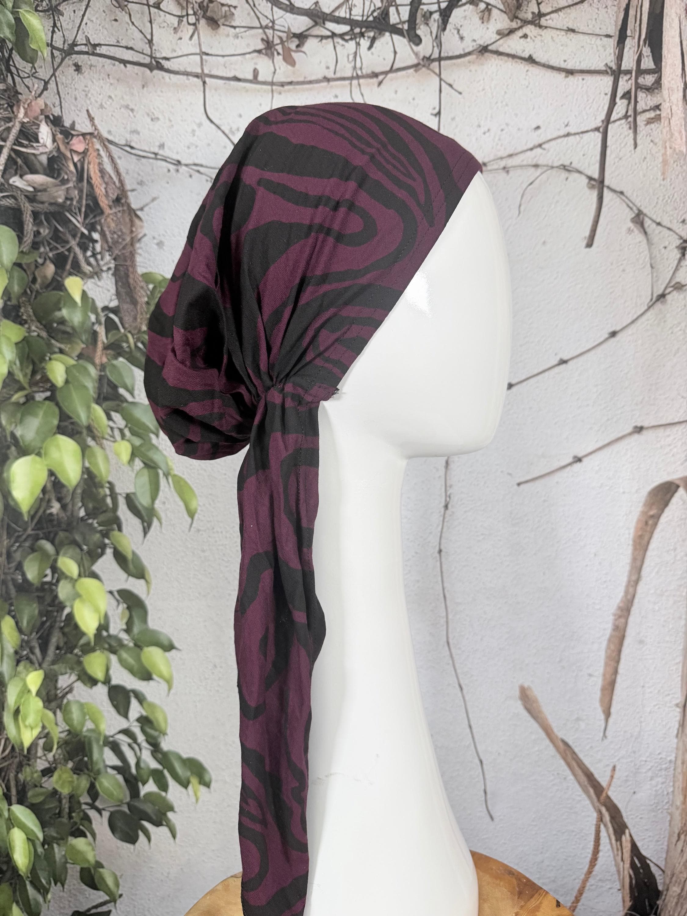 Stretchy Pre Tied Tichel Headscarf for Women, Eggplant/Black Print, Standard Tails, Slip On Bandana Headcover, Chemo Headwear Convenient