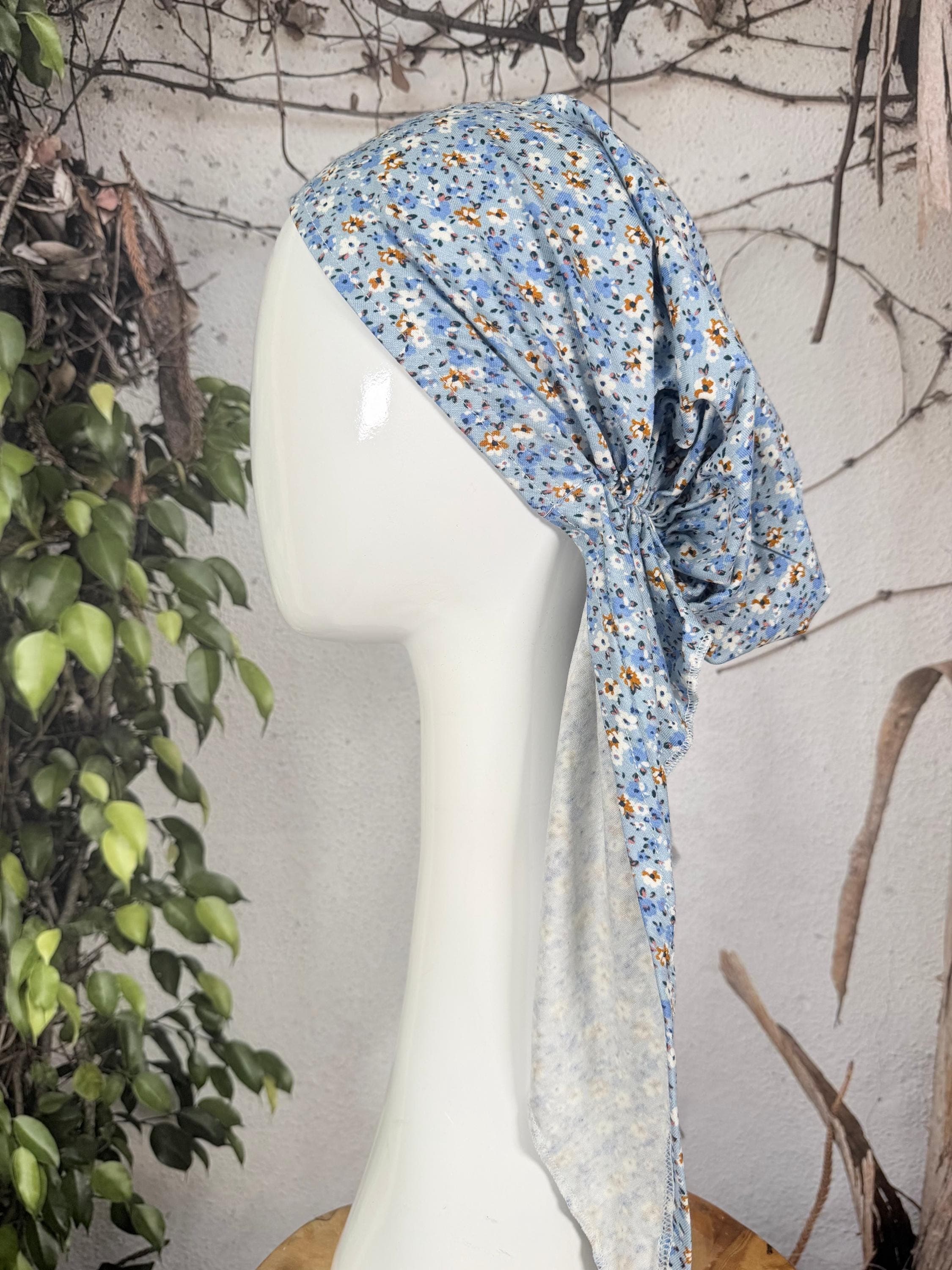 Stretchy Pretied Tichel - Blue Mini Floral-pretieds-The Little Tichel Lady