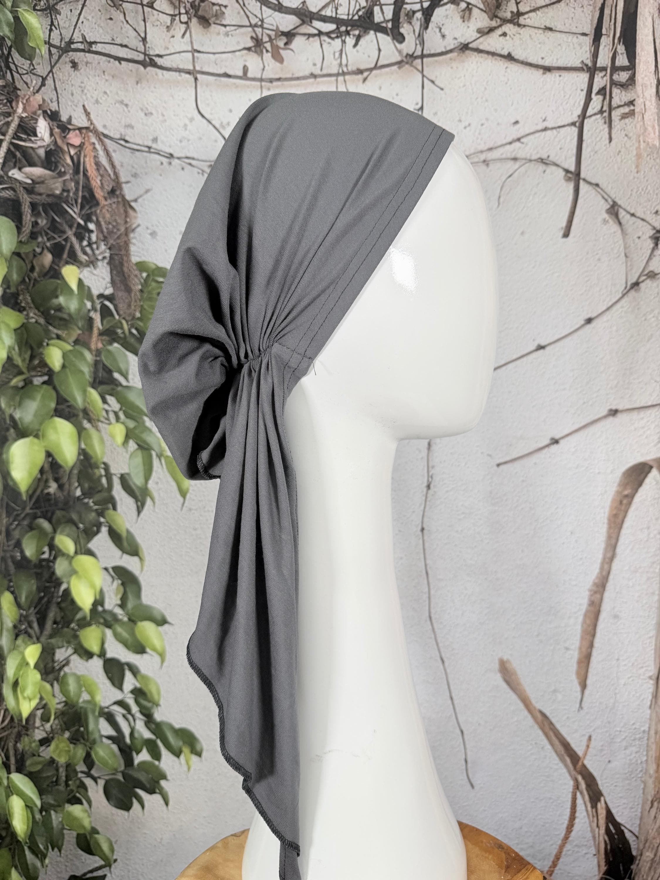 Stretchy Pre Tied Tichel Headscarf for Women, Gray, Standard Tails, Slip On Bandana Headcovering, Chemo Headwear, Convenient Hair Cover