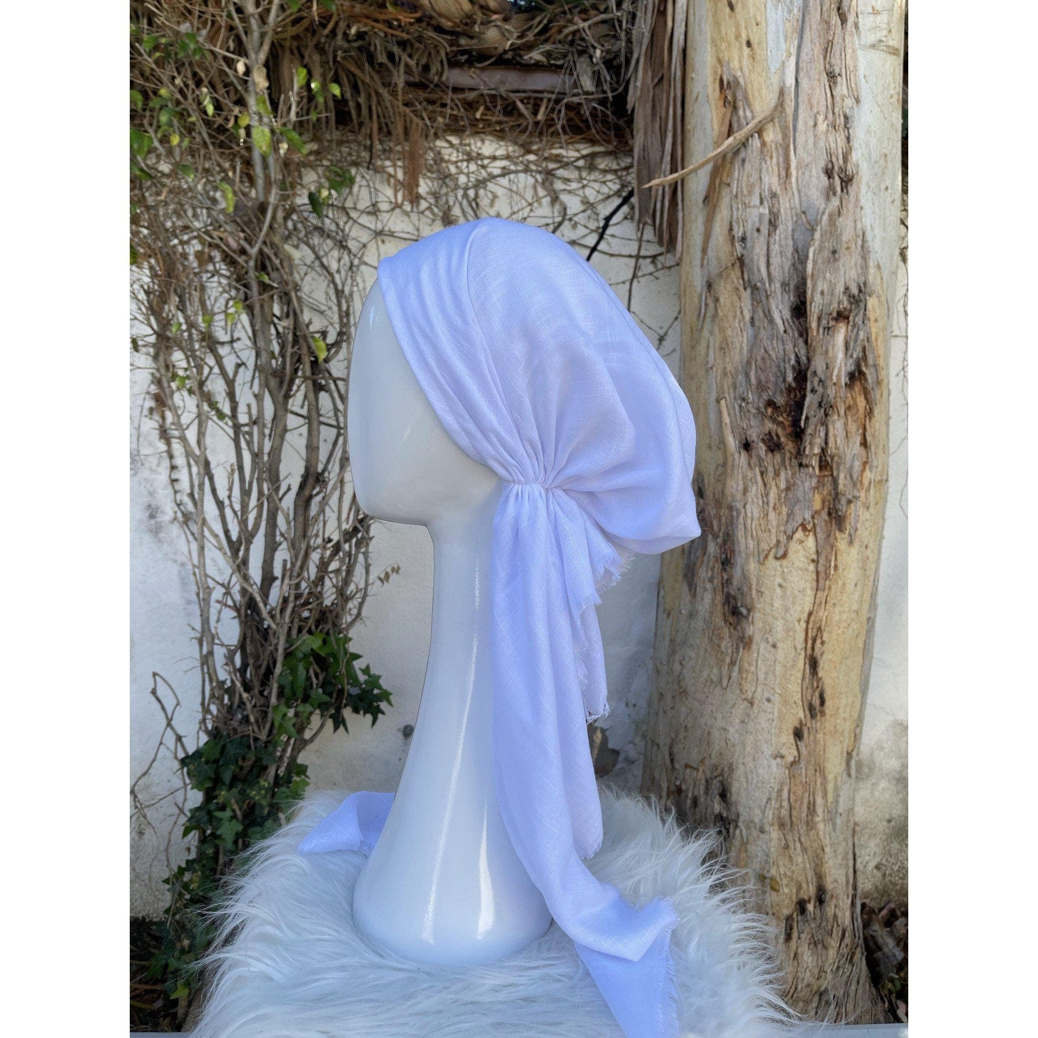 Turkish Cotton Textured Solid Pretied w/ Long Tails - White, XL Circumference-pretieds-The Little Tichel Lady