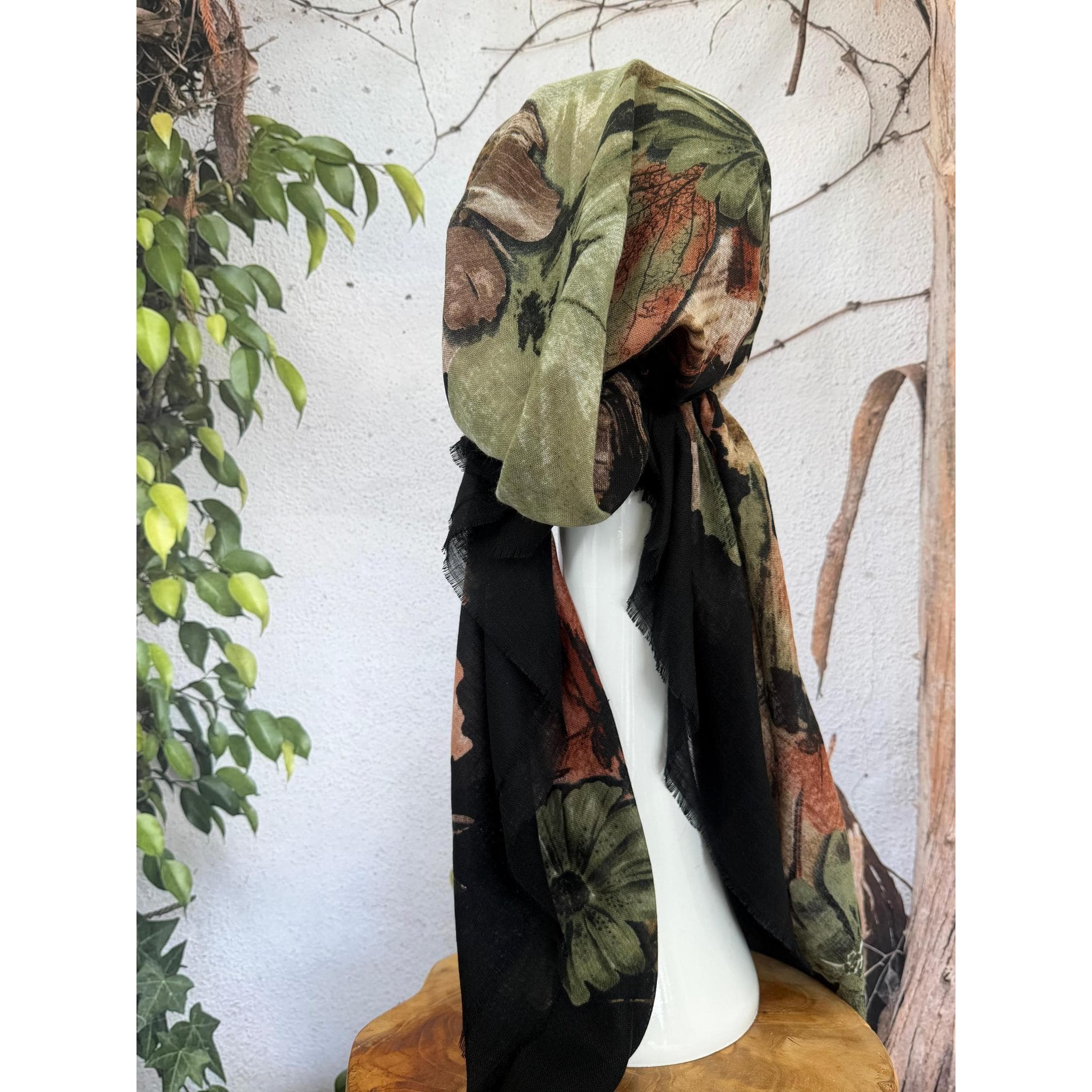 Turkish Cotton Textured NON-SLIP Print Pretied w/ Long Tails - Black/Olive-pretieds-The Little Tichel Lady