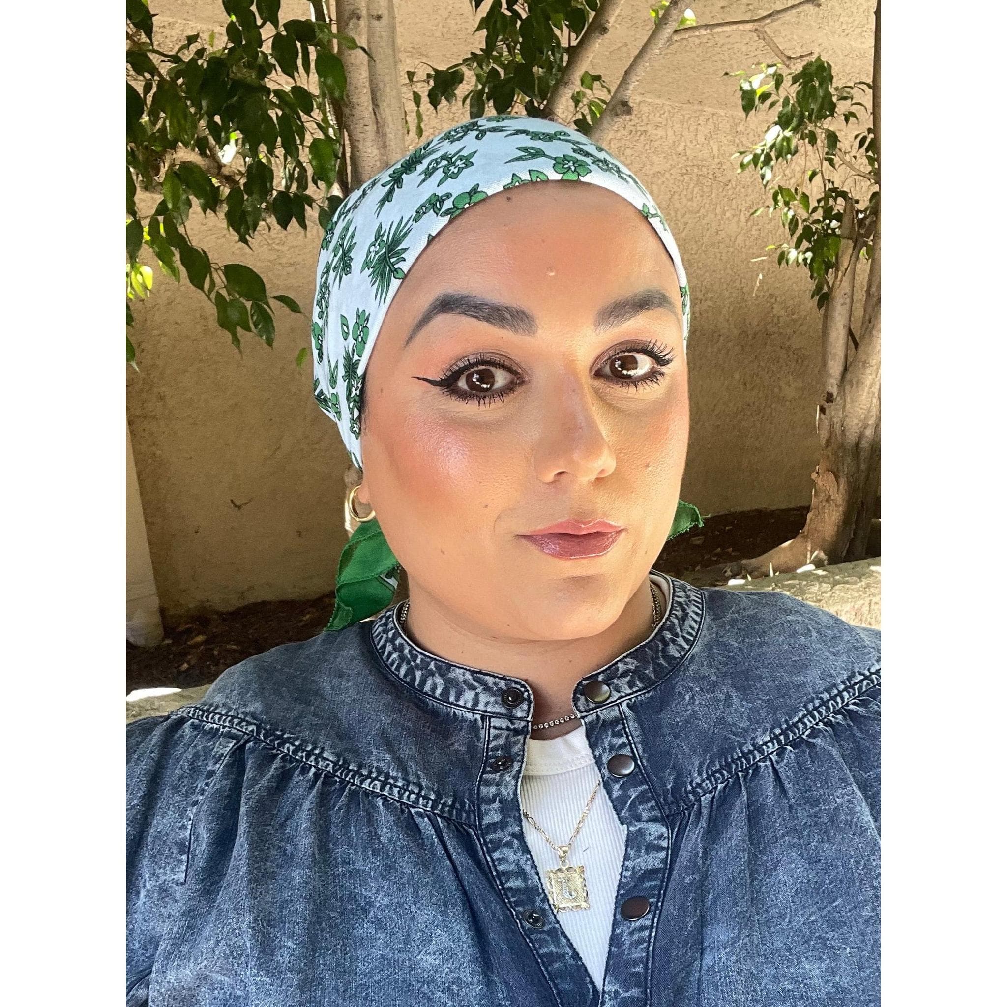 Wildflower Bandana Print Square Cotton Head Scarf for Women, 20”, Green/Sky Blue, Chemo Headwear, Lightweight Head Covering, Tichel Lady
