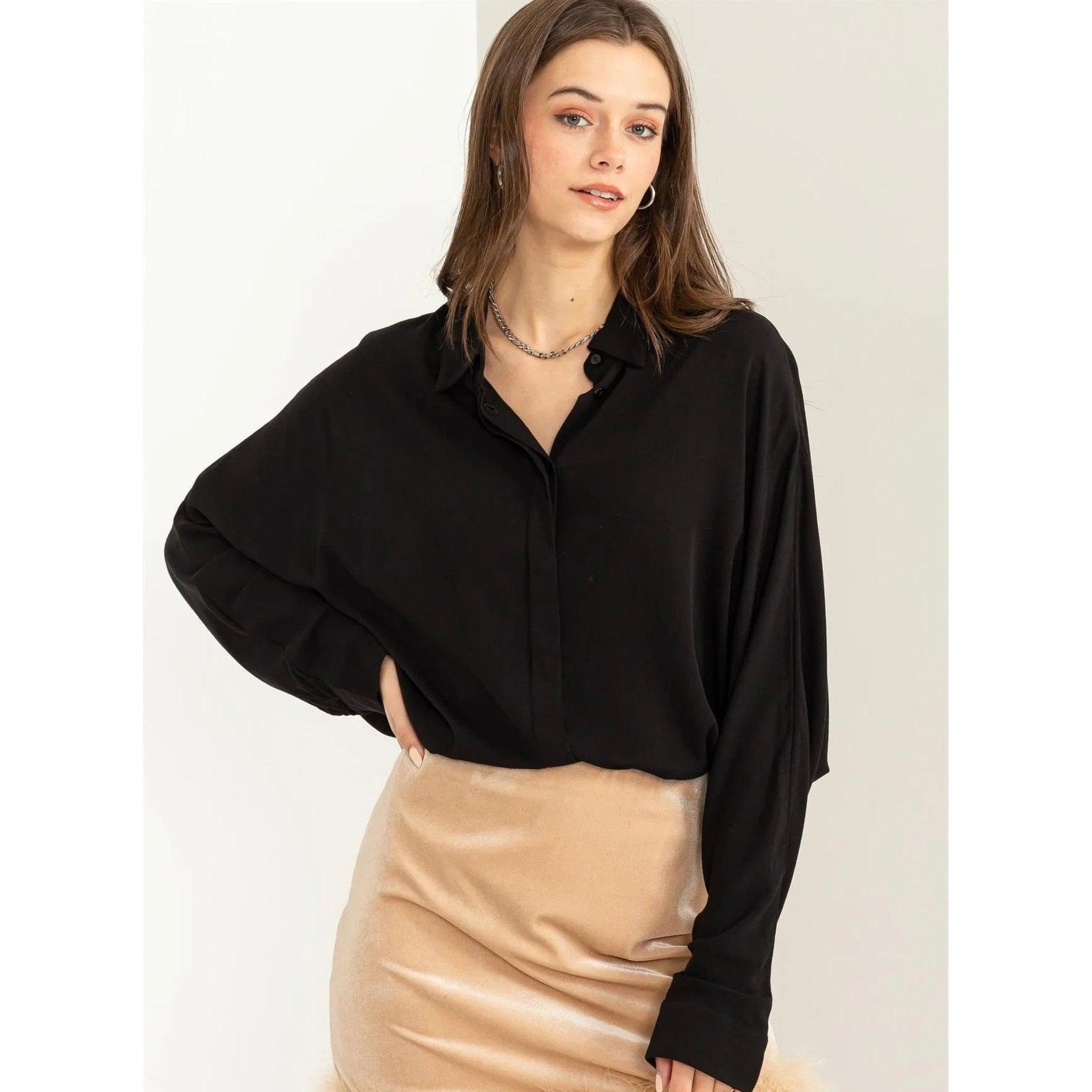 Oversized Tunic Modest Top for Women, Black, SM-LG, Nursing Friendly Shirt, Button Down Closure, Long Sleeves