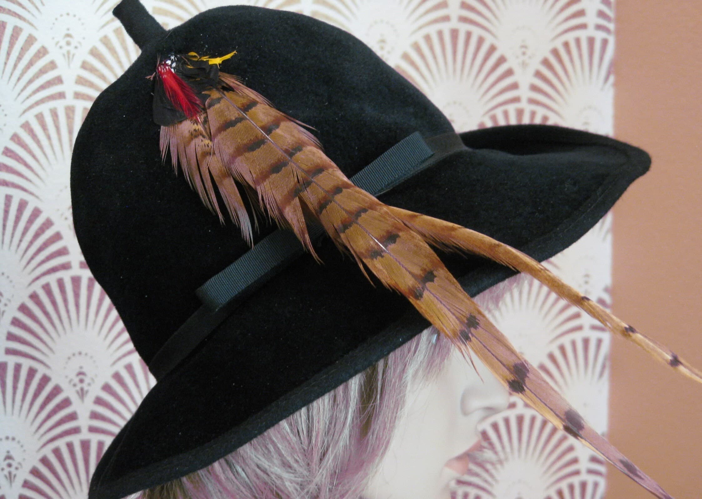 Wool Hat, Designer MR. K Originals, Black Fedora w/Pheasant Feather, Vintage 1970s - image 3