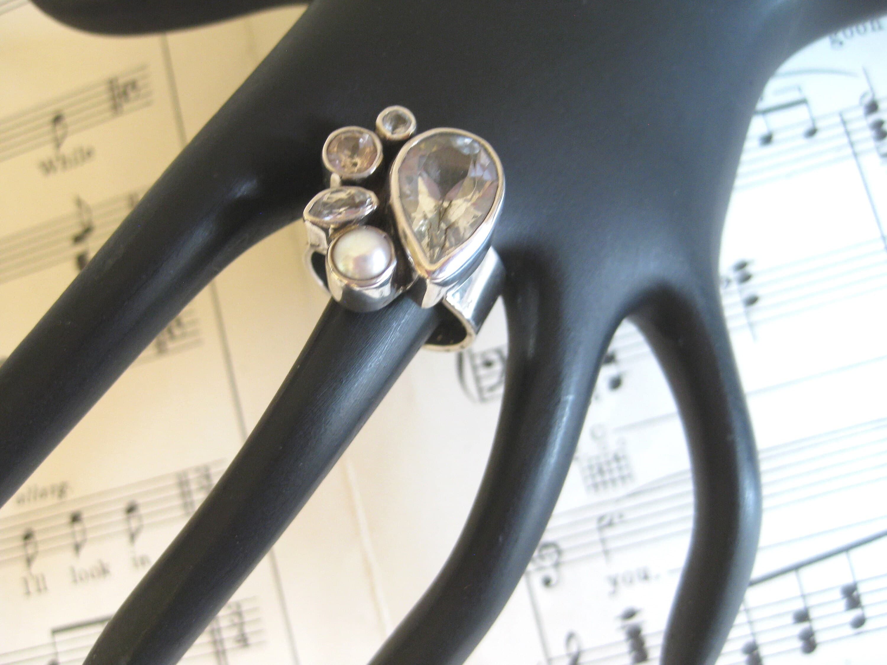 Cocktail Ring, Pear Shaped Jewel, Pearl & Rhinestones, Silver Setting, Estate Find - image 5