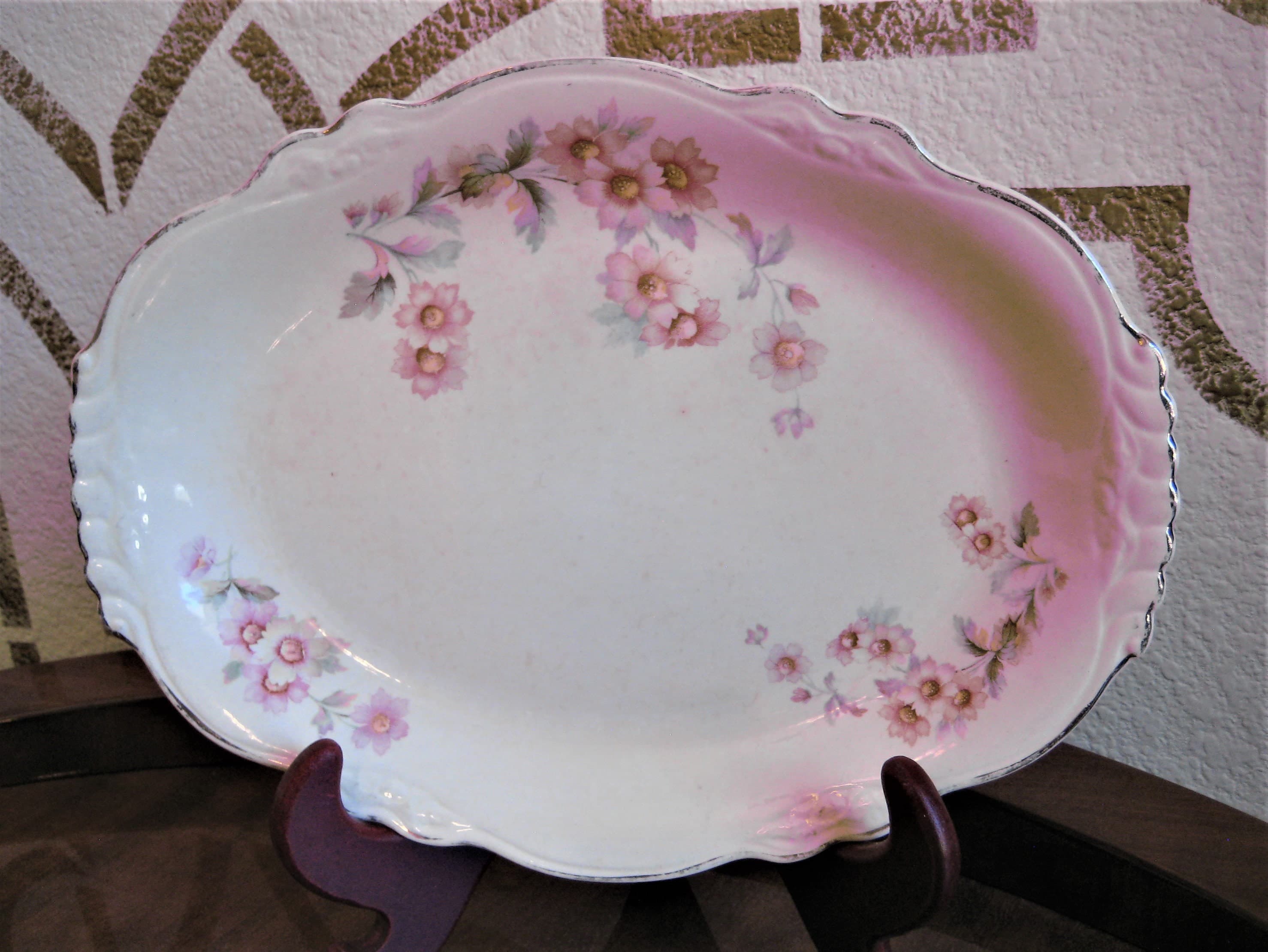 Vintage Homer Laughlin Serving Platter, Virginia Rose Pattern, Pink Floral, Platinum Trim