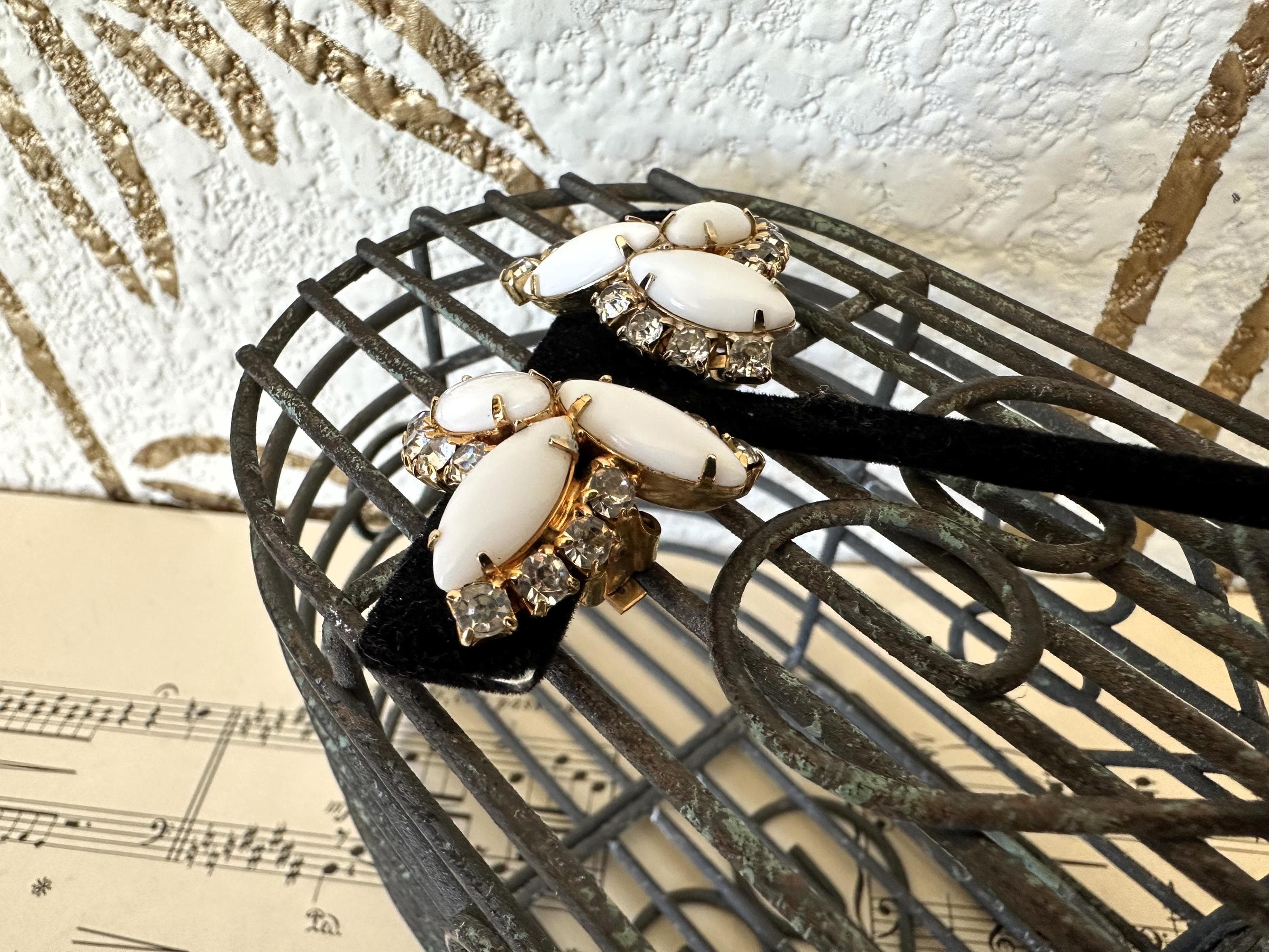 Vintage Earrings, White Milk Glass and Clear Rhinestones, Clip Earrings, Estate Find - image 5