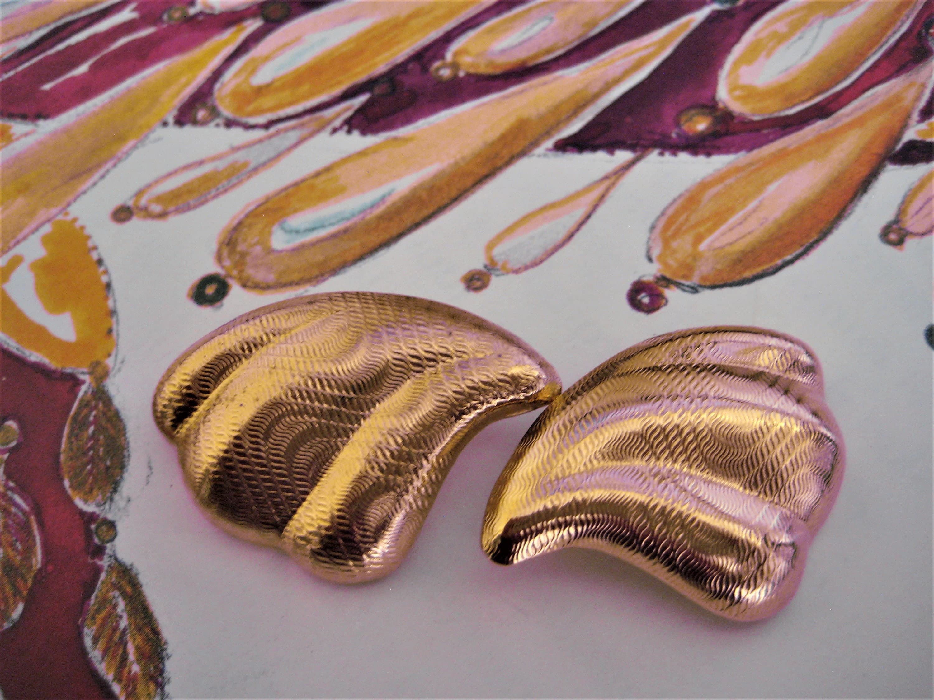 Clip-on Earrings, Art Deco Style, Textured Gold Tone Metal, Vintage Find