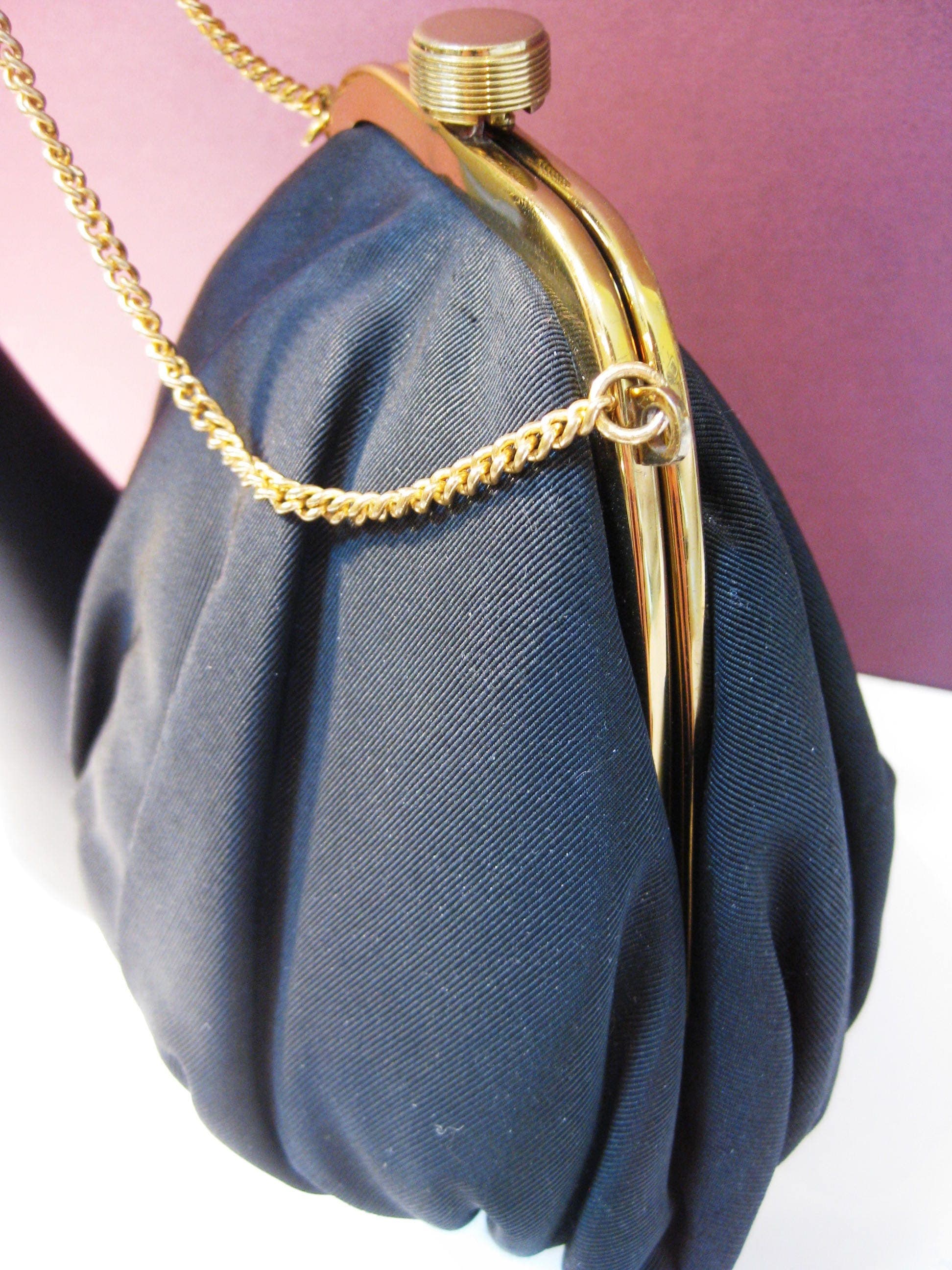 Black Satin Evening Bag w/Coin Purse, Designer GARAY, Art Deco Clasp, Vintage - image 5