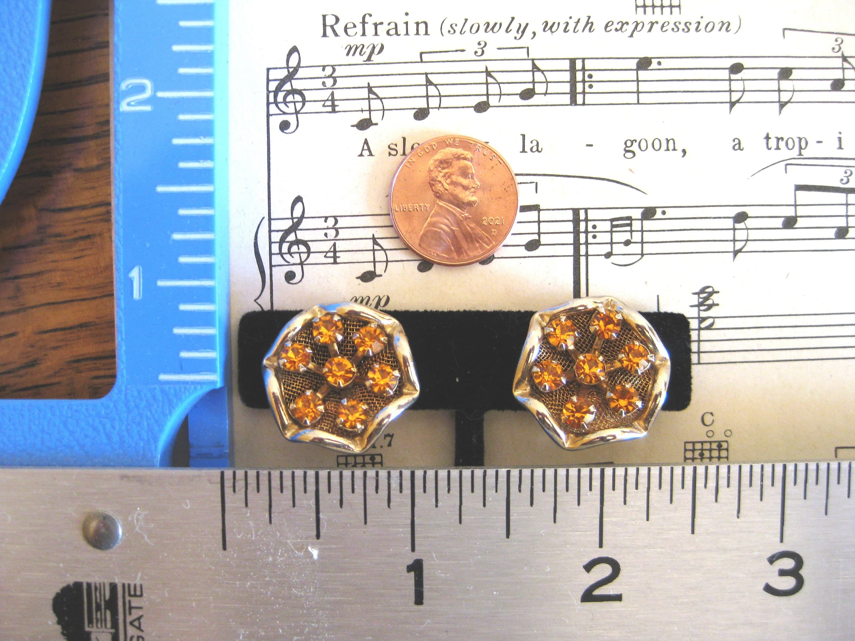 Clip On Earrings, Amber Rhinestones, Gold Tone Settings, Vintage Find - image 3