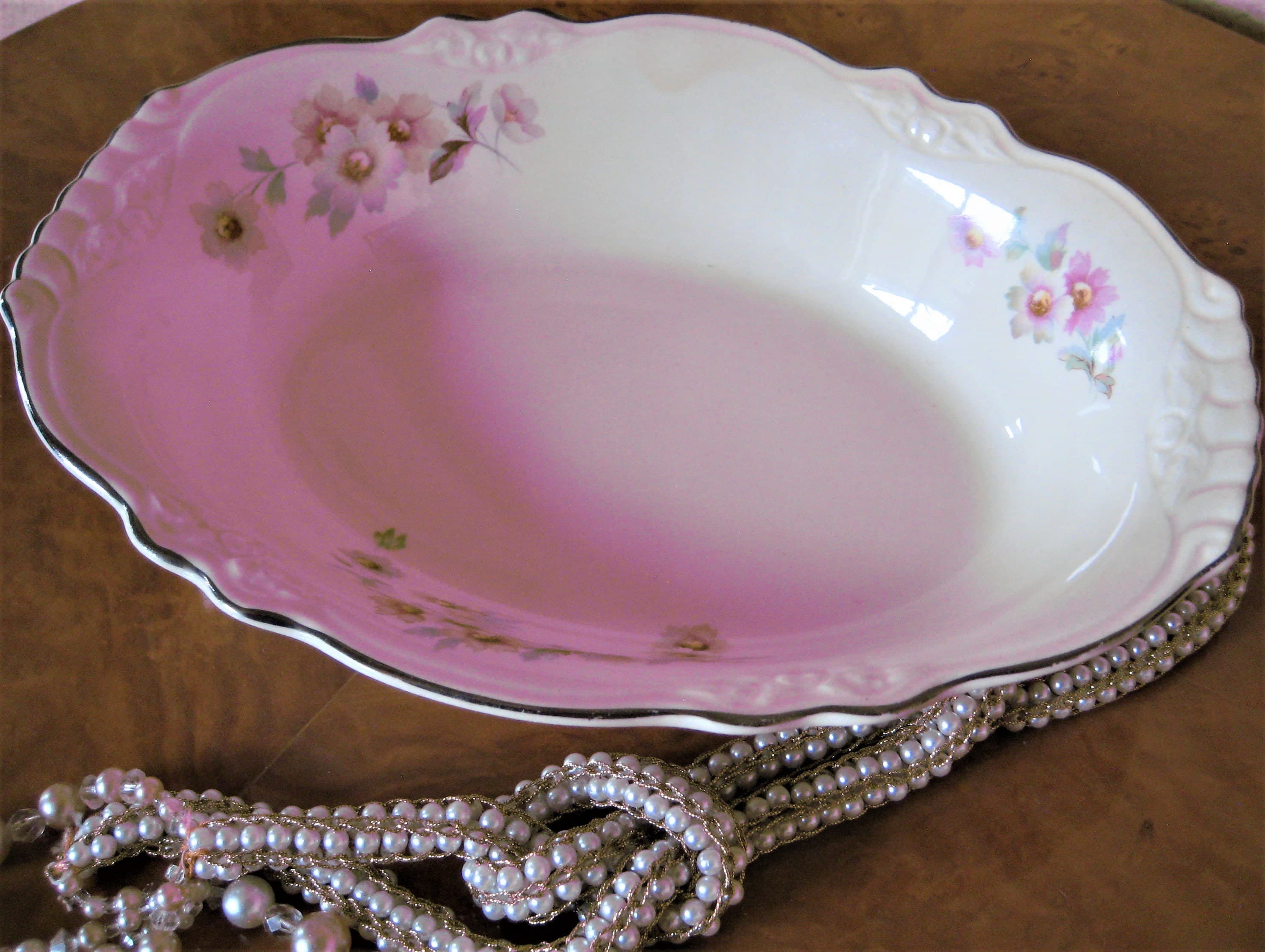 Vintage Homer Laughlin Serving Bowl, Virginia Rose Pattern, Platinum Trim