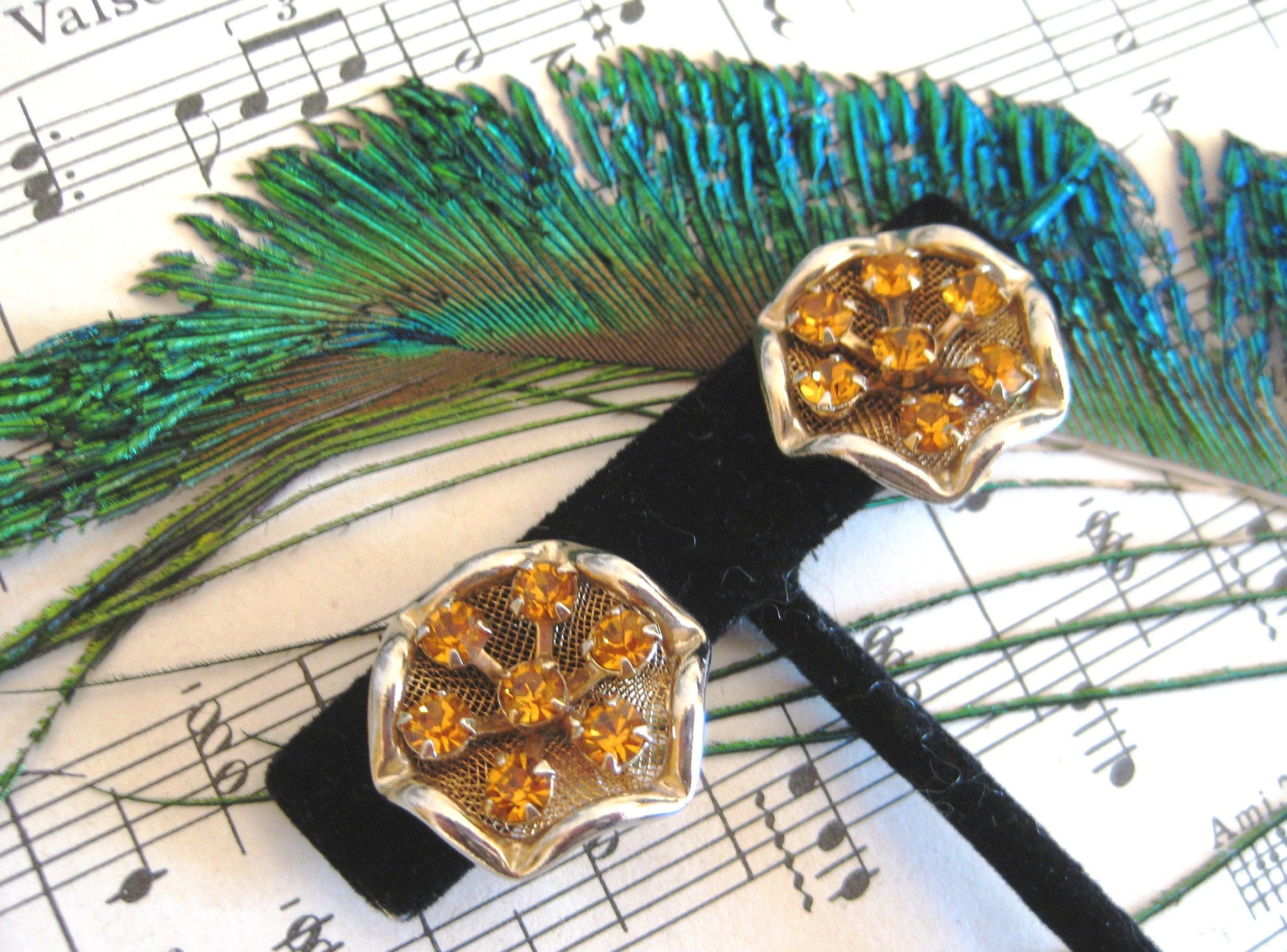Clip On Earrings, Amber Rhinestones, Gold Tone Settings, Vintage Find