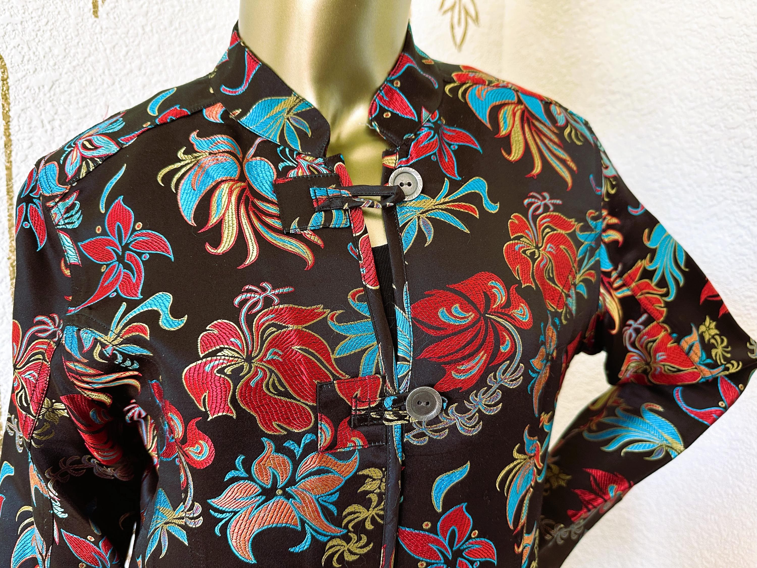 Floral Jacket, Chico's, Rayon Silk Brocade, Nehru Collar, Estate Find