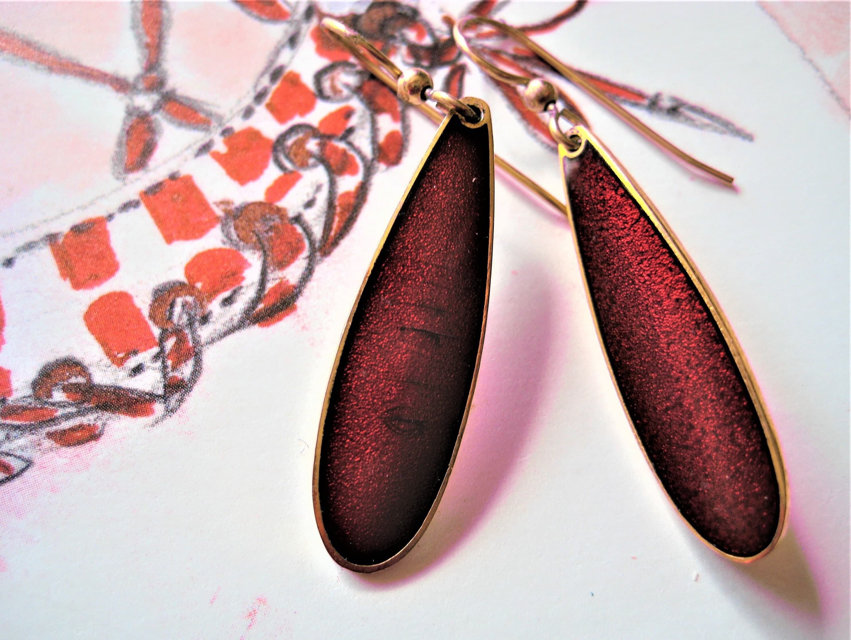 Dangle Earrings, Designer SKYE, Red Enameled Metal, Gold Tone, Vintage - image 4