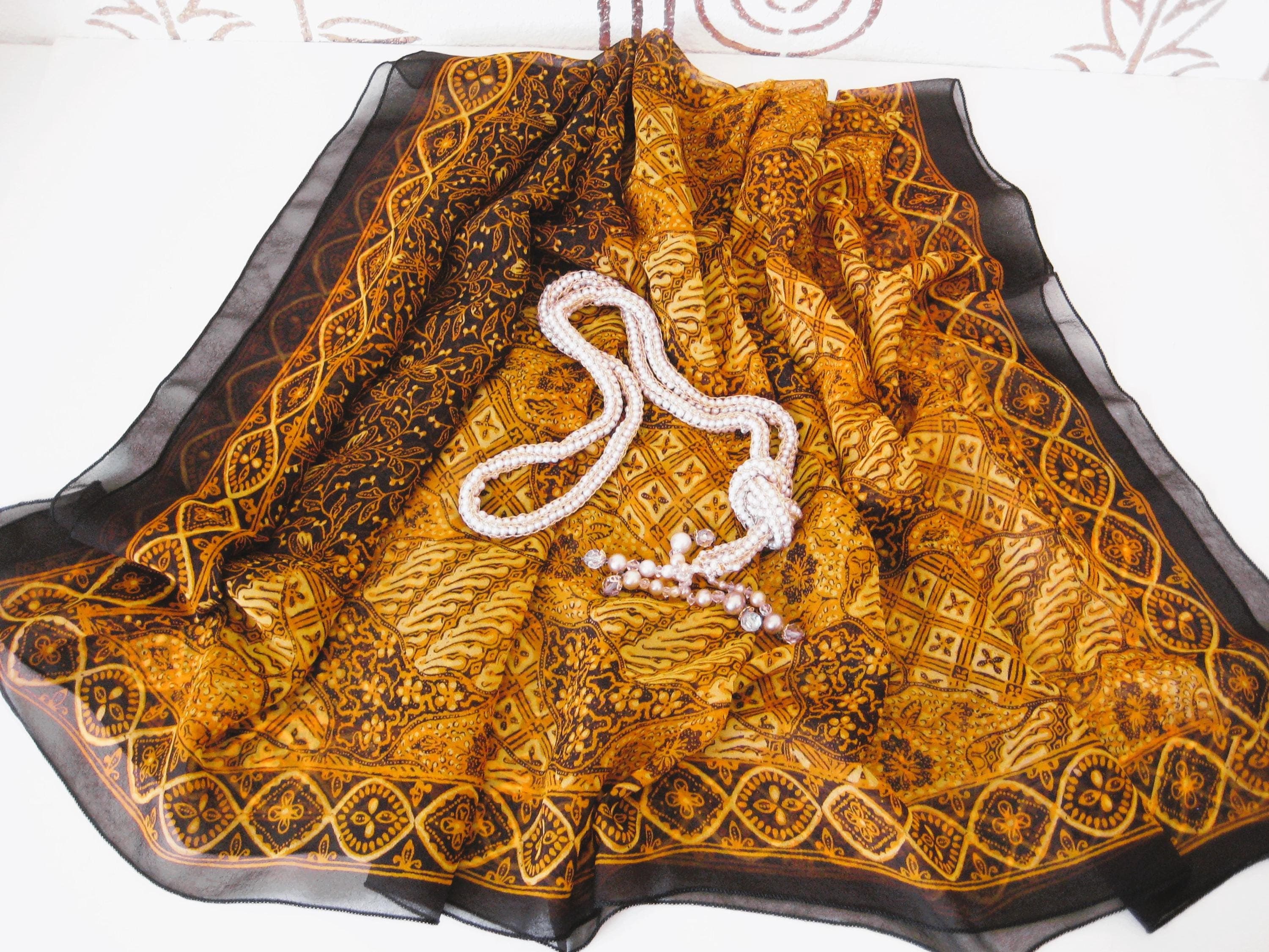Chiffon Square Scarf, Black and Golden Yellow Pattern, Estate Find, Square (43x42 Inches) - image 3