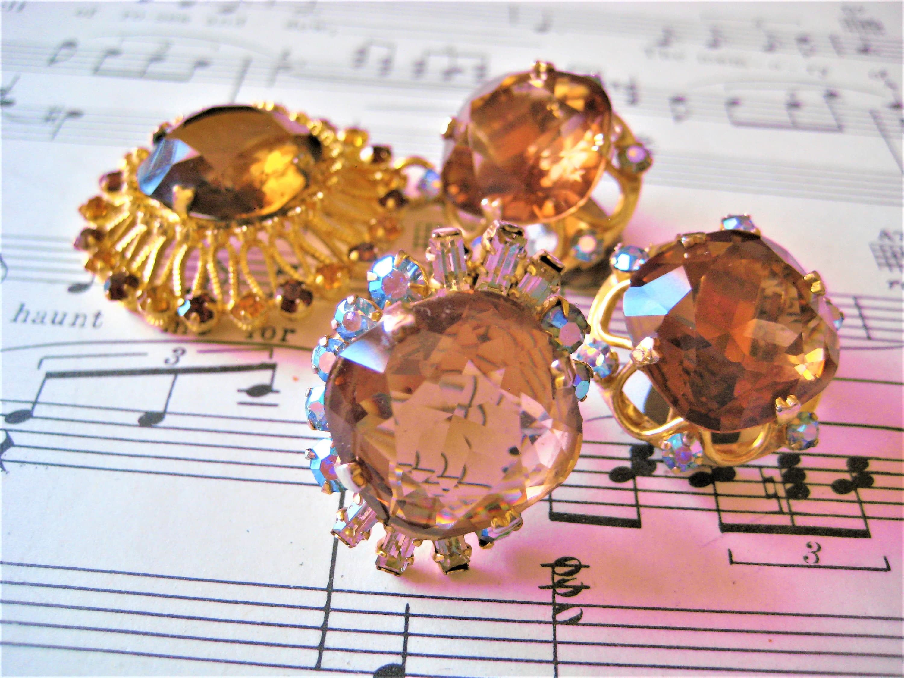 Rhinestone Jewelry Set, Clip Earrings and Ring, Honey Topaz Gold Tone, Vintage Estate Find - image 4