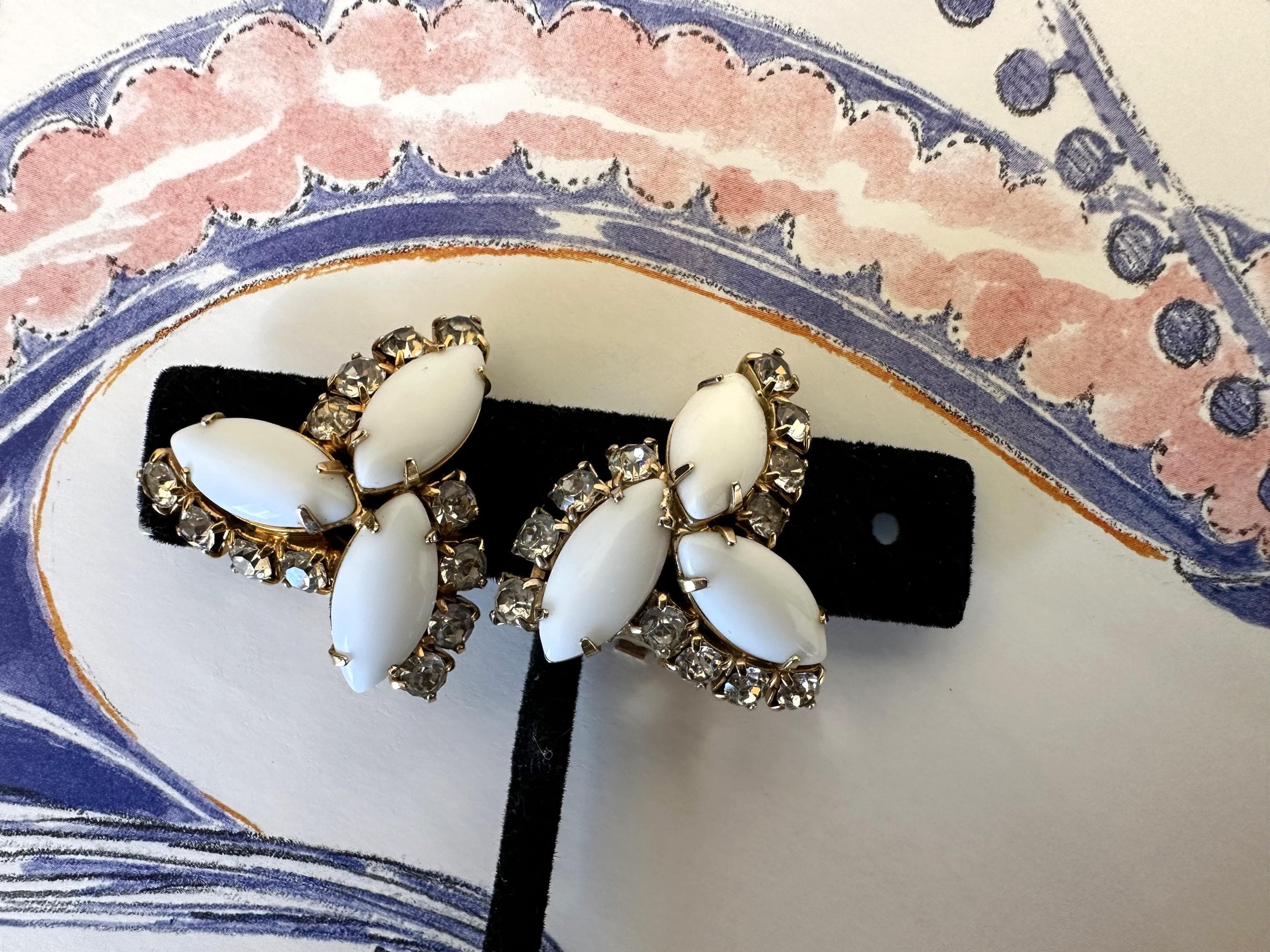 Vintage Earrings, White Milk Glass and Clear Rhinestones, Clip Earrings, Estate Find - image 3