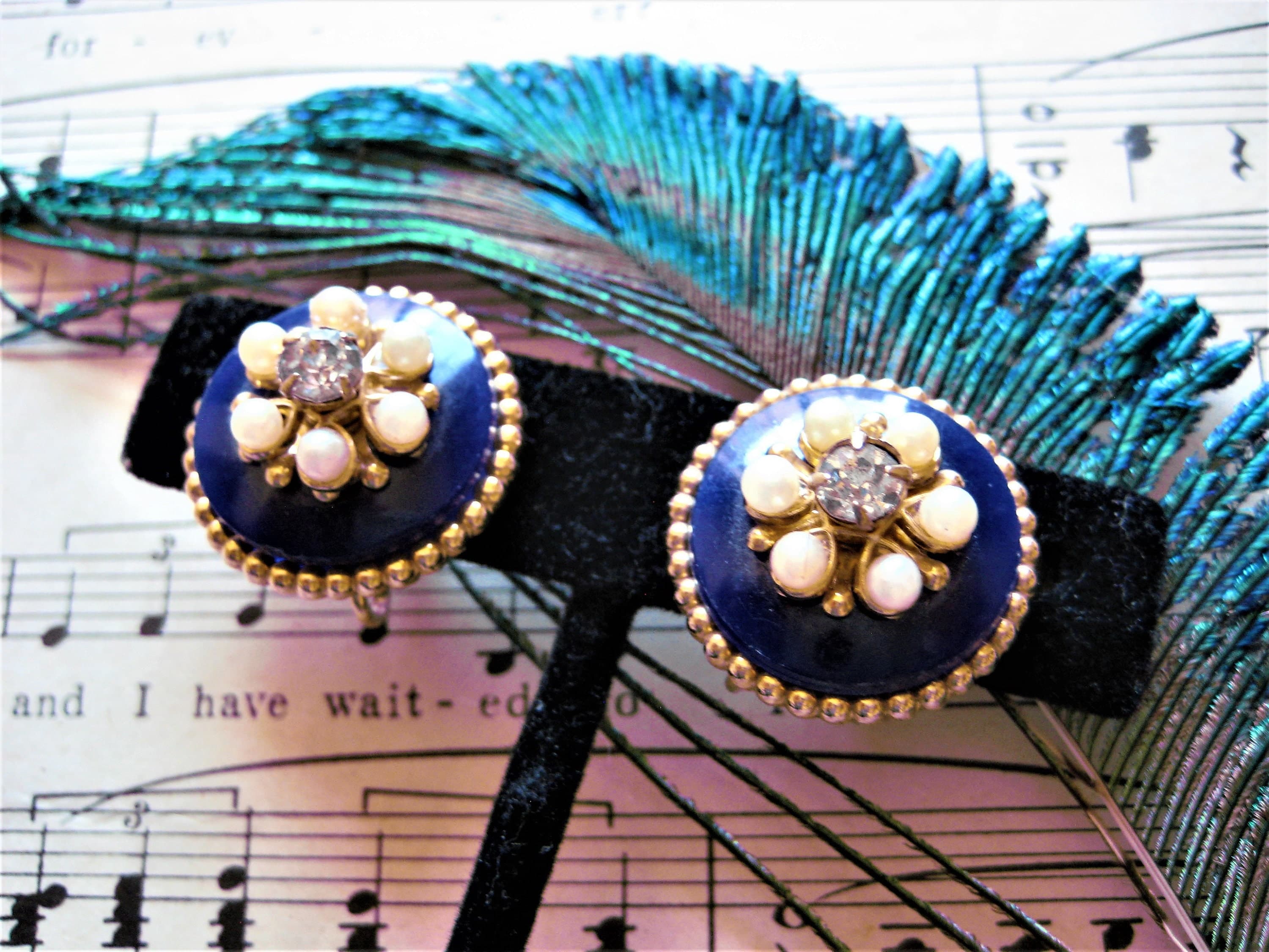 Earrings, Designer CORO Pegasus, Blue Enamel, Faux Pearls, Rhinestone, Vintage