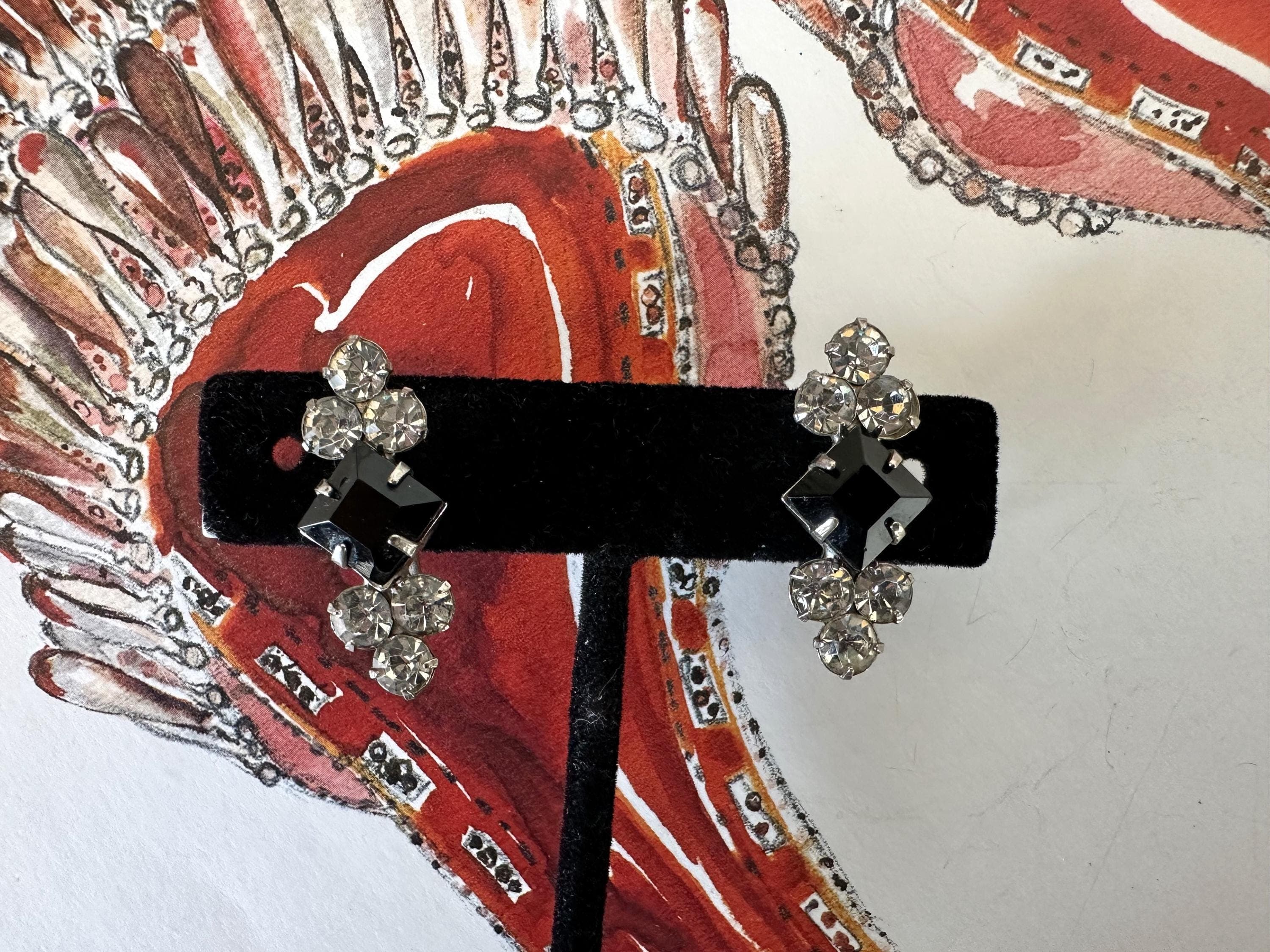 Screw-back Earrings, Black Art Glass, Clear Rhinestones, Silver Settings, Mid-Century, Estate Find