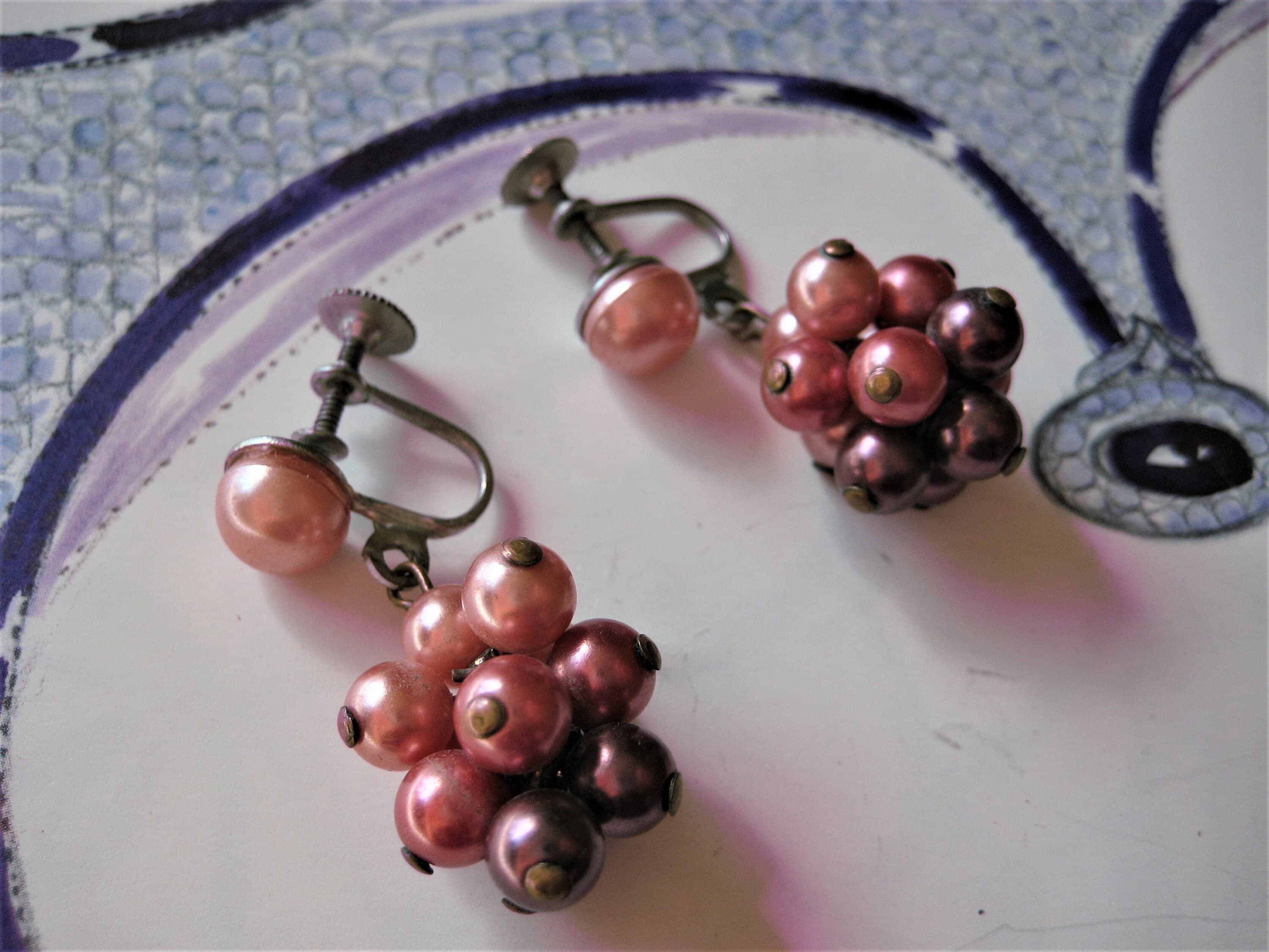 Earrings, Screw-Back Style, Faux Pearl Clusters, Silver Tone, Vintage