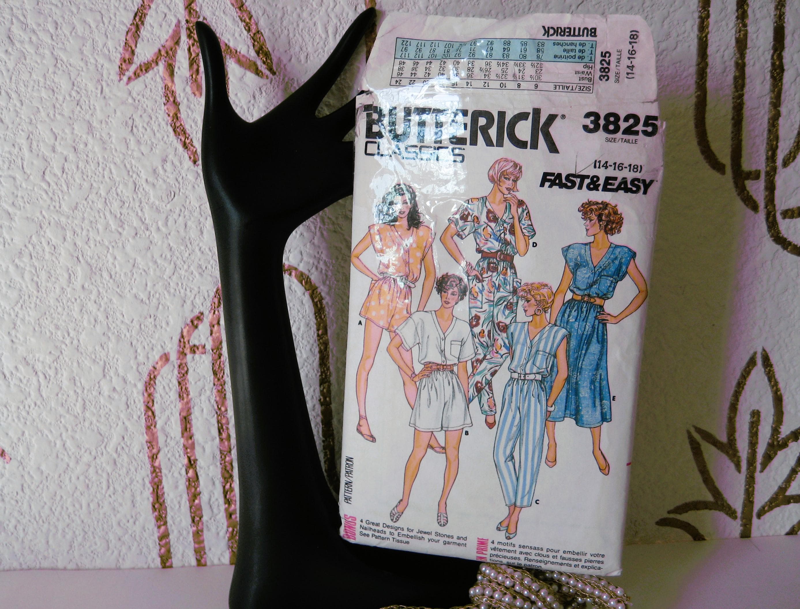 1980s Butterick 3825 Sewing Pattern, Misses Size 14-18, Dress and Jumpsuit