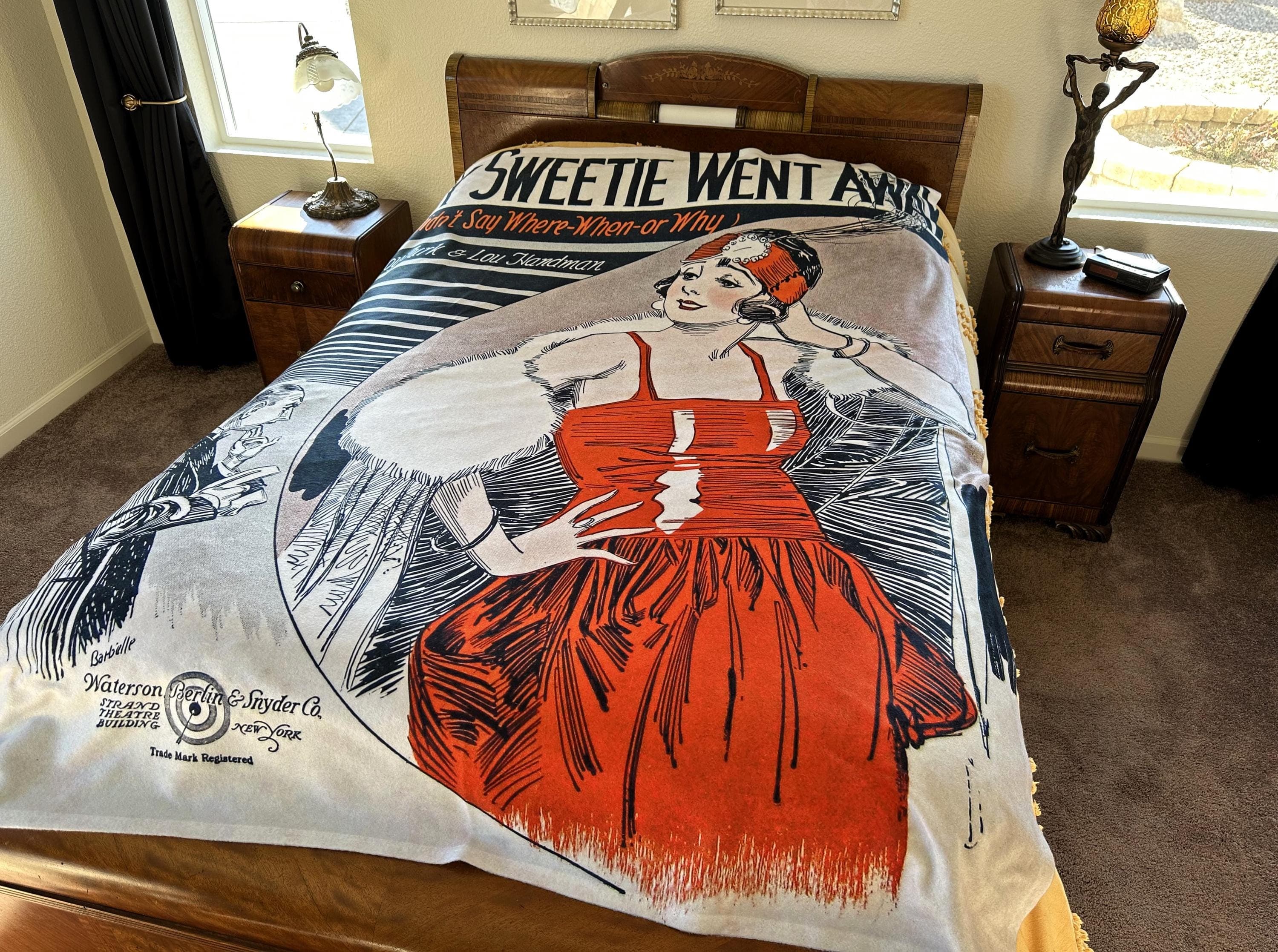 Vintage Sheet Music Fleece Blanket, 1920s Flapper Art Deco Graphic