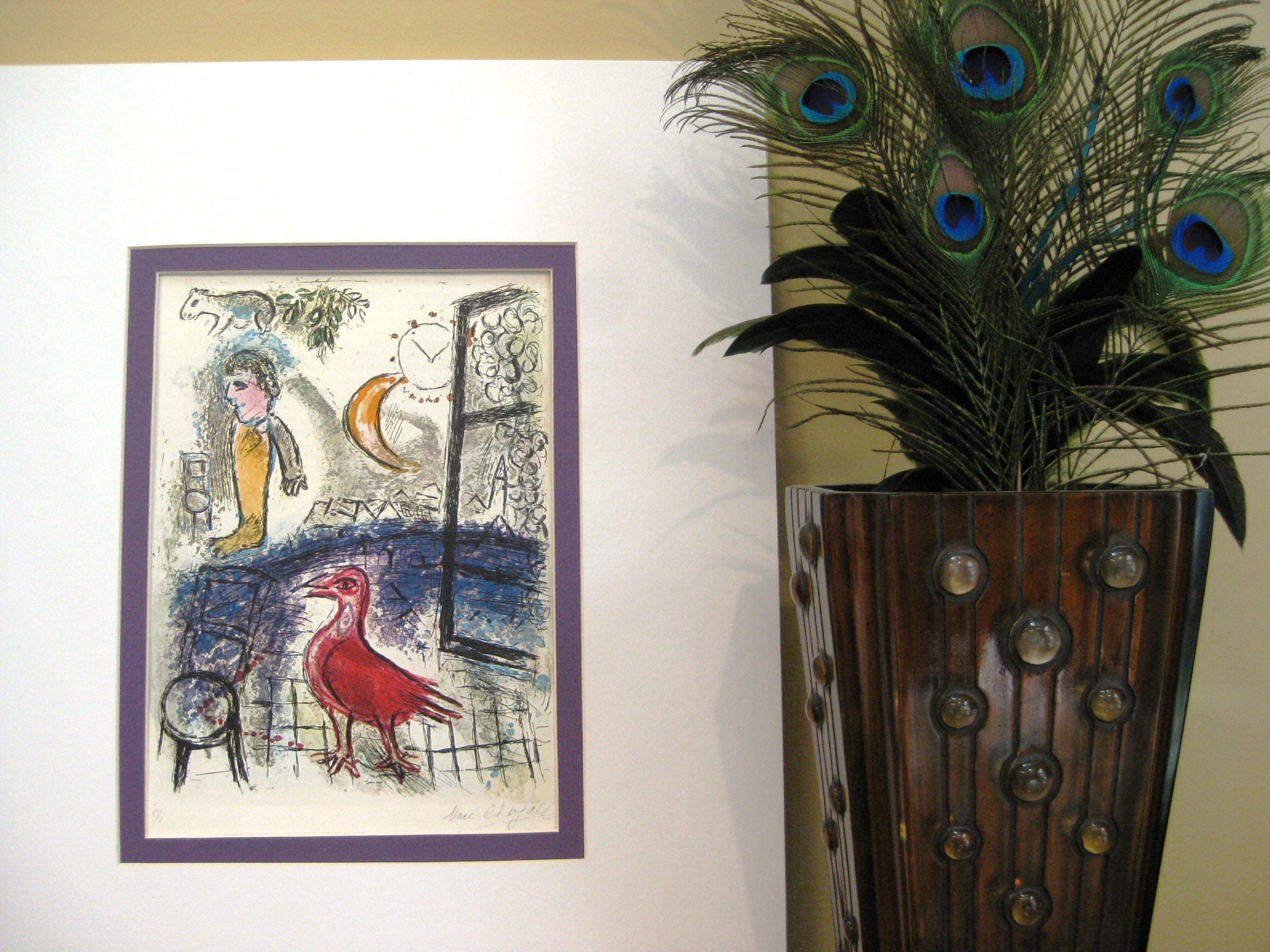 Marc Chagall "The Red Bird" Art Print, Double Matted Vintage Decor