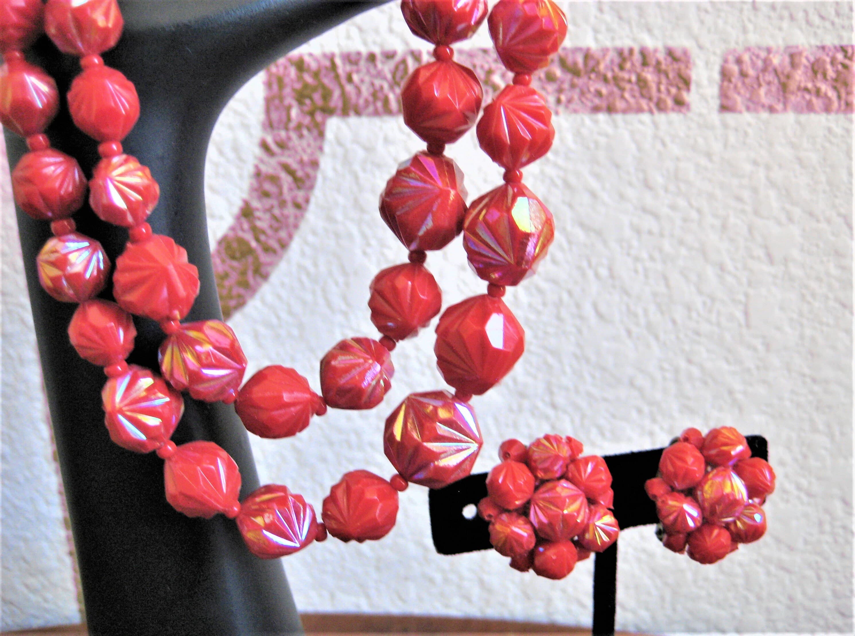 Necklace and Earrings Set, Red Ombre Beads, Western Germany, Vintage Estate Find