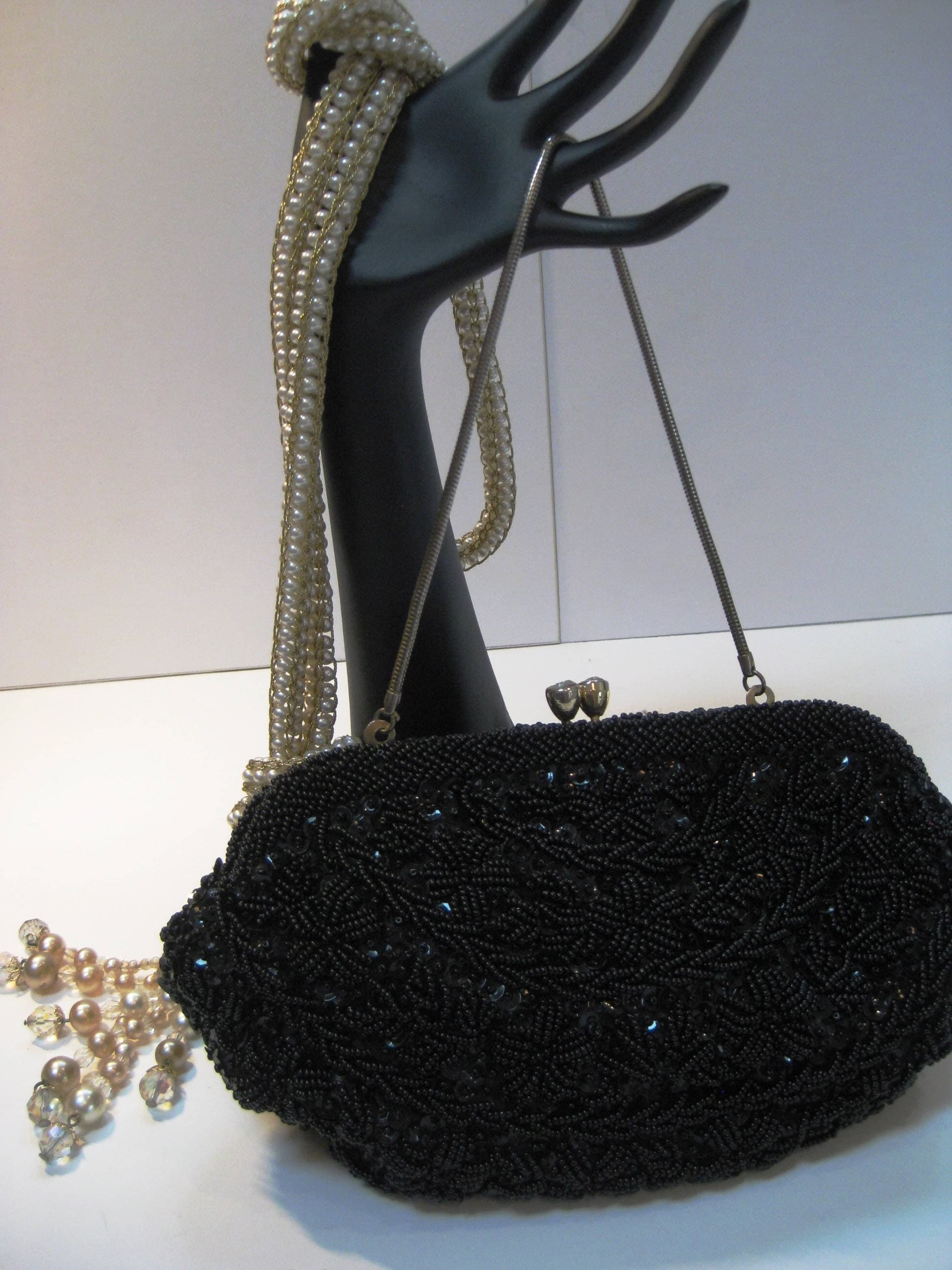 Beaded Evening Bag, Designer YUNG KEE, Hong Kong, Beads & Black Sequins, Vintage - image 3