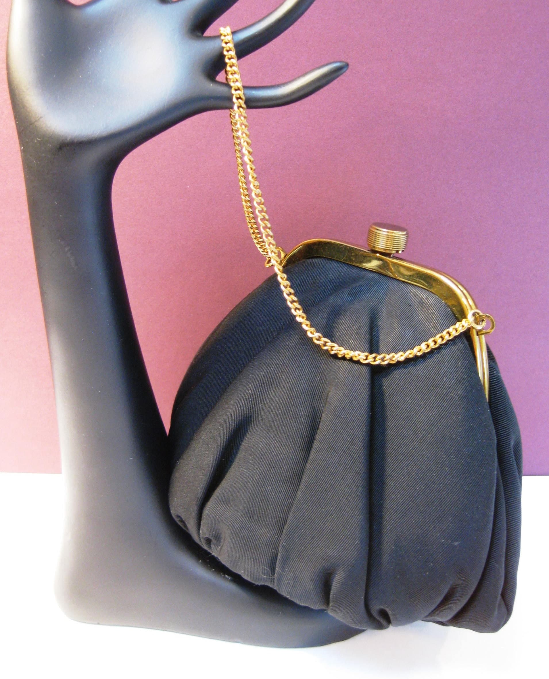 Black Satin Evening Bag w/Coin Purse, Designer GARAY, Art Deco Clasp, Vintage - image 3