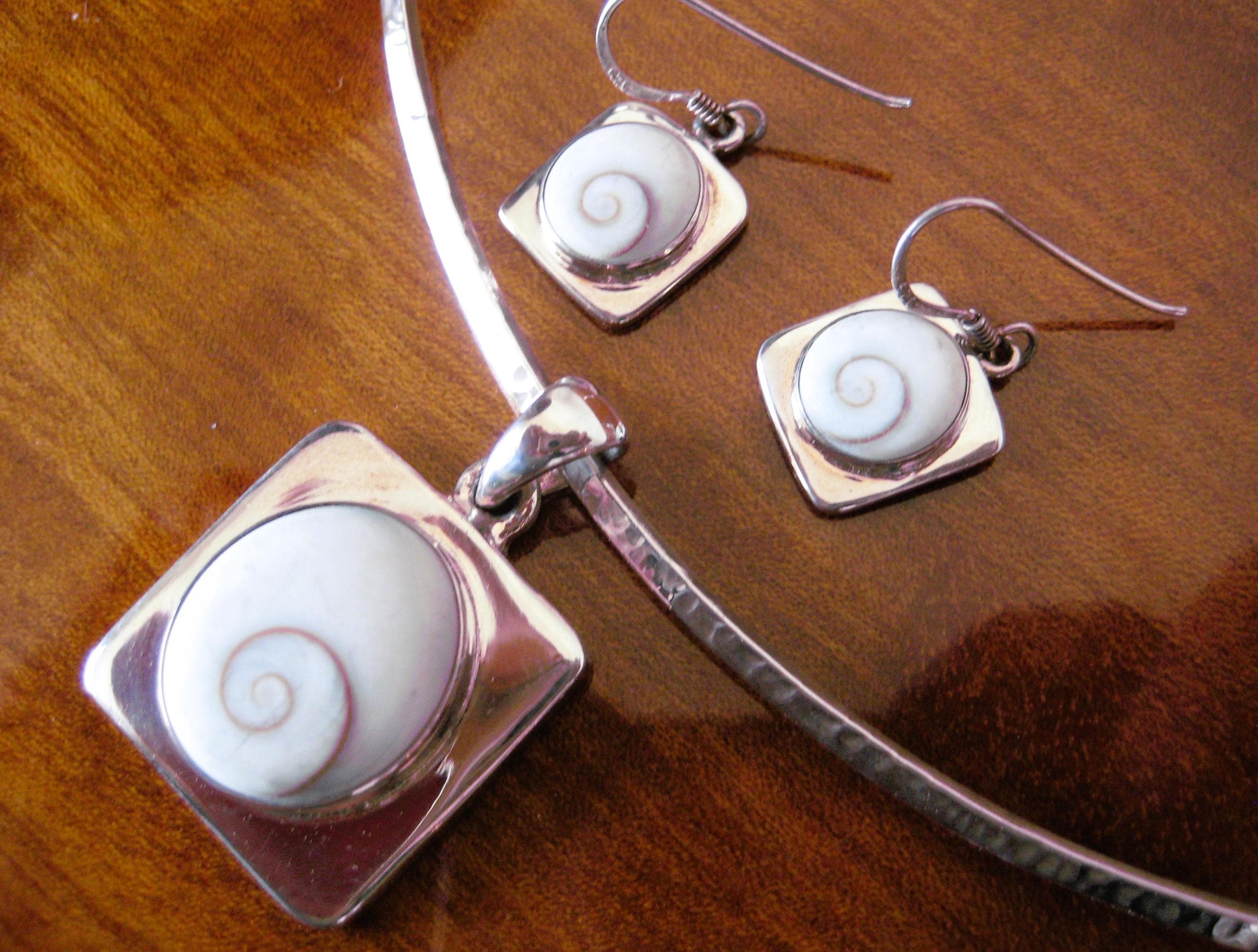 Pendant and Earrings Set, Sterling Silver, Shiva Eye Shell, Estate Find