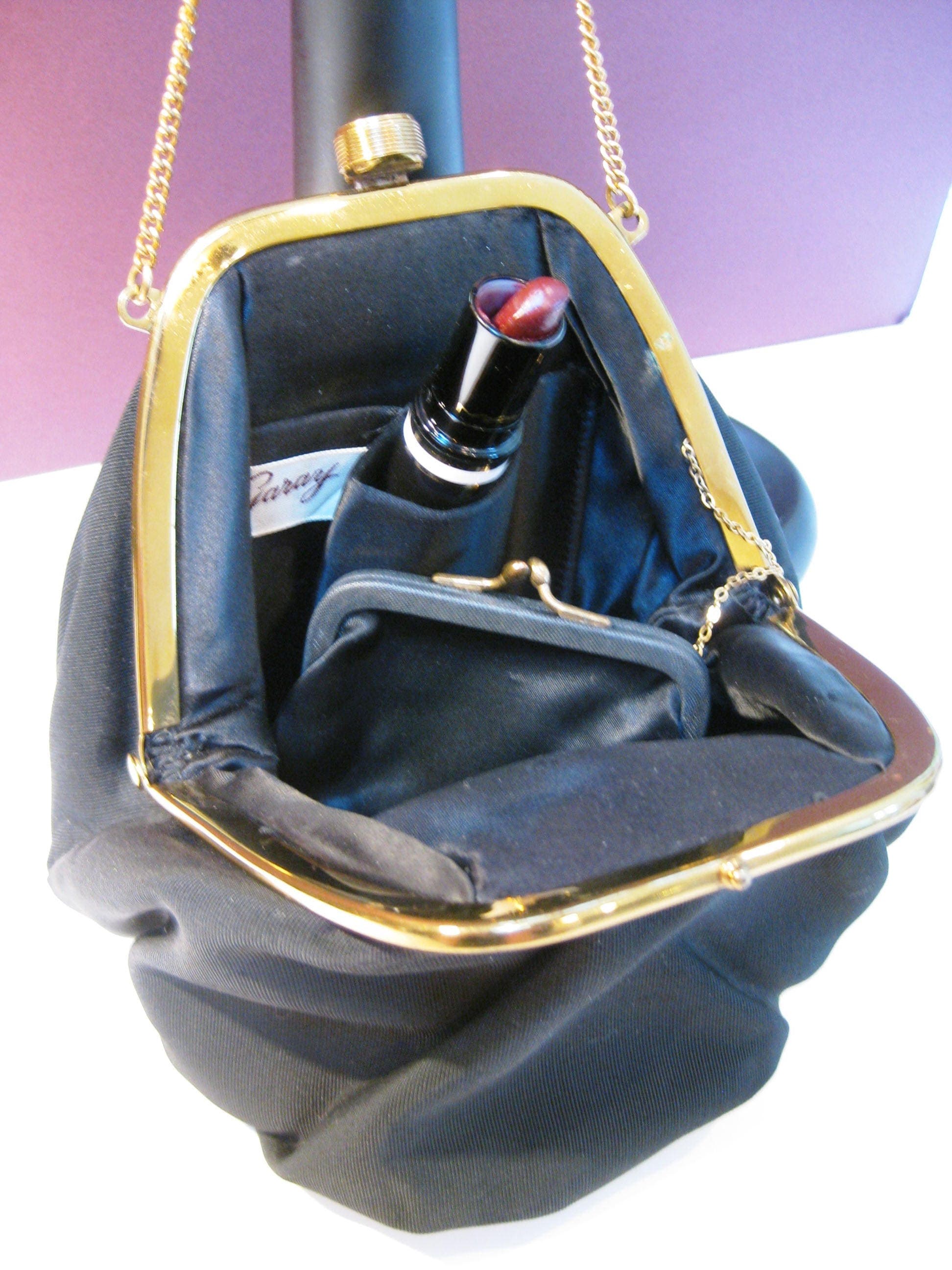 Black Satin Evening Bag w/Coin Purse, Designer GARAY, Art Deco Clasp, Vintage - image 4