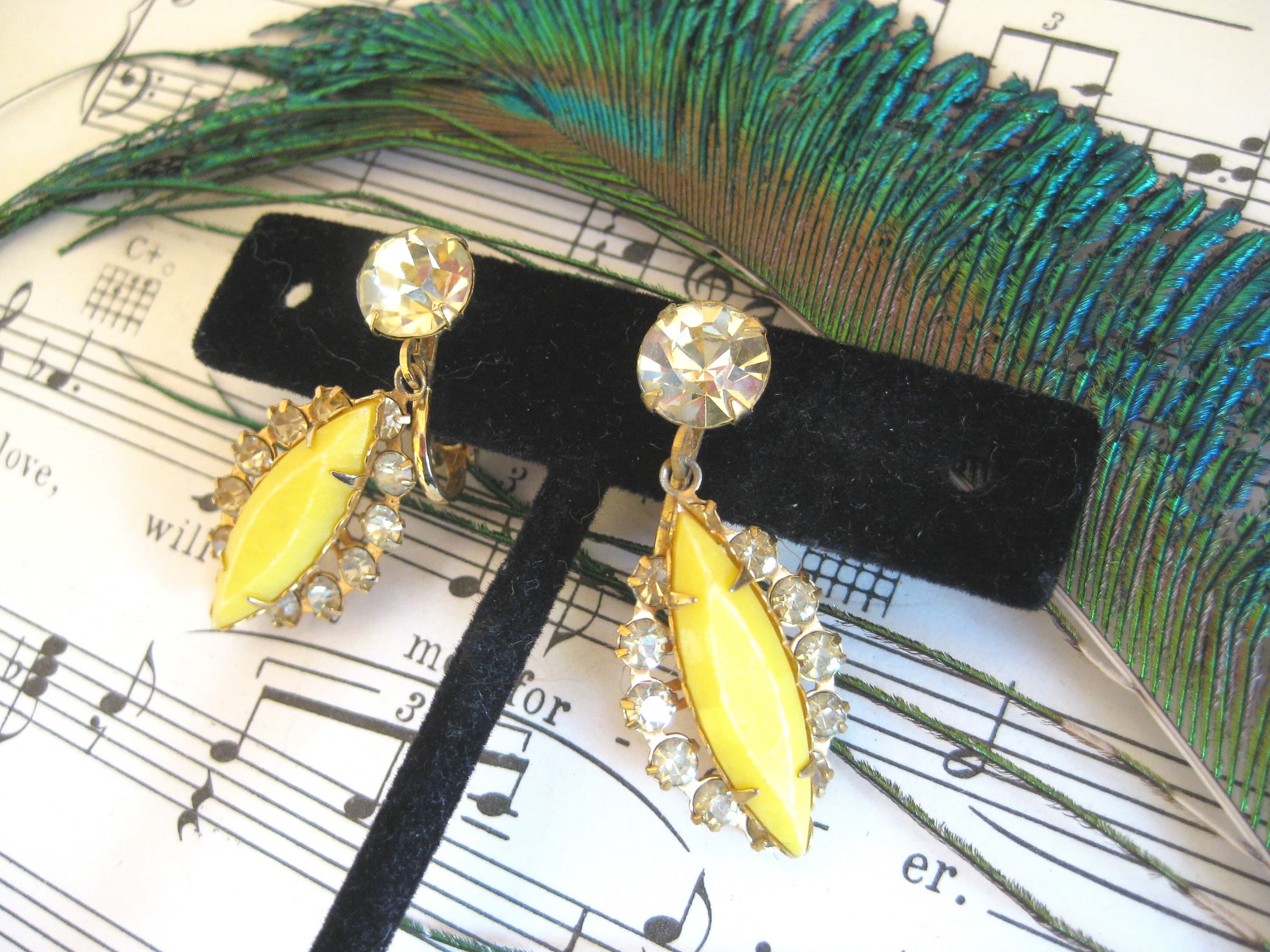 Clip-on Earrings, Yellow Art Glass & Rhinestones, Gold Settings, Vintage - image 4