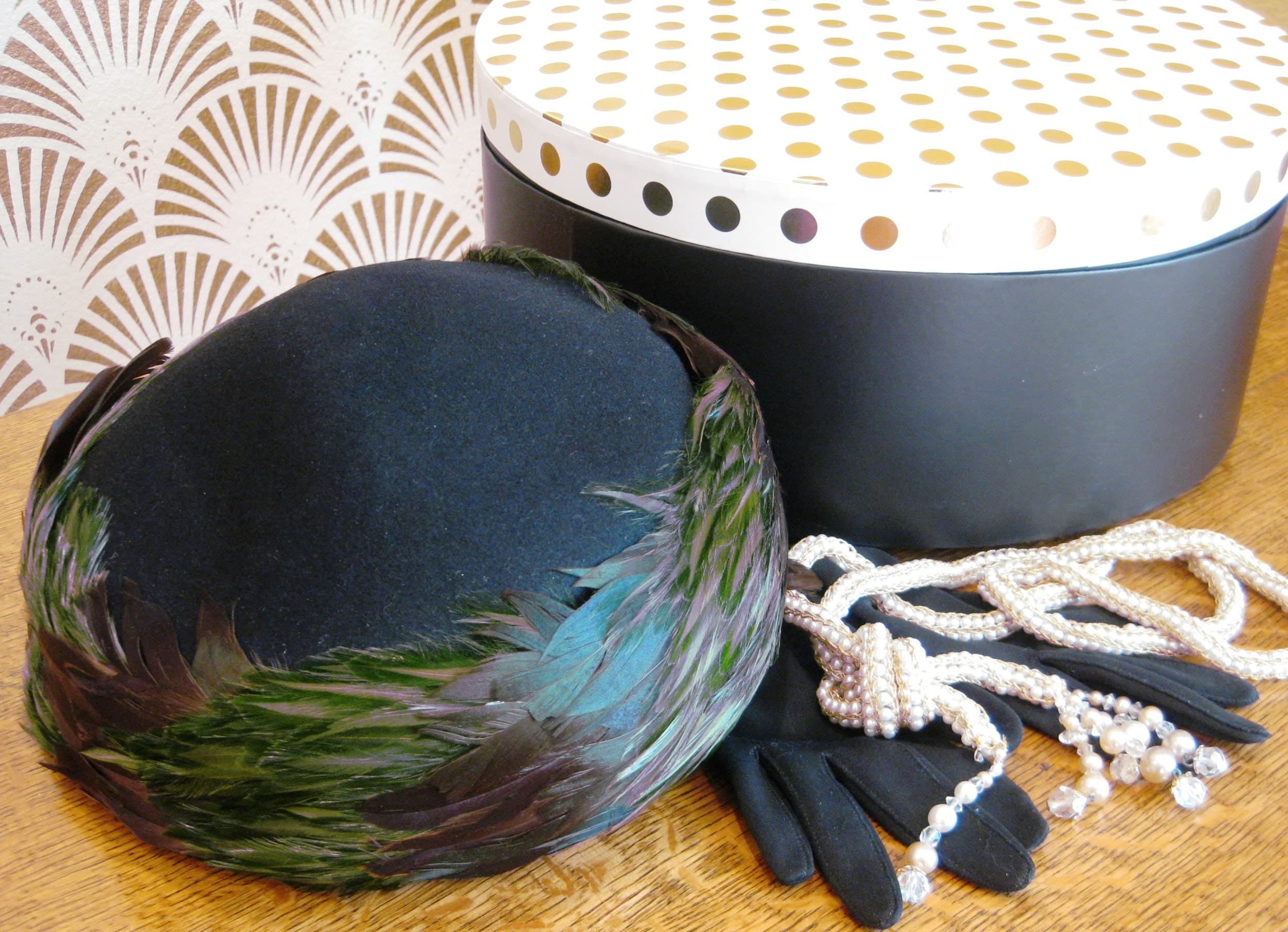 Hat, Feathered Pillbox, Black Wool Felt, MYSHA B. Michael, Vintage