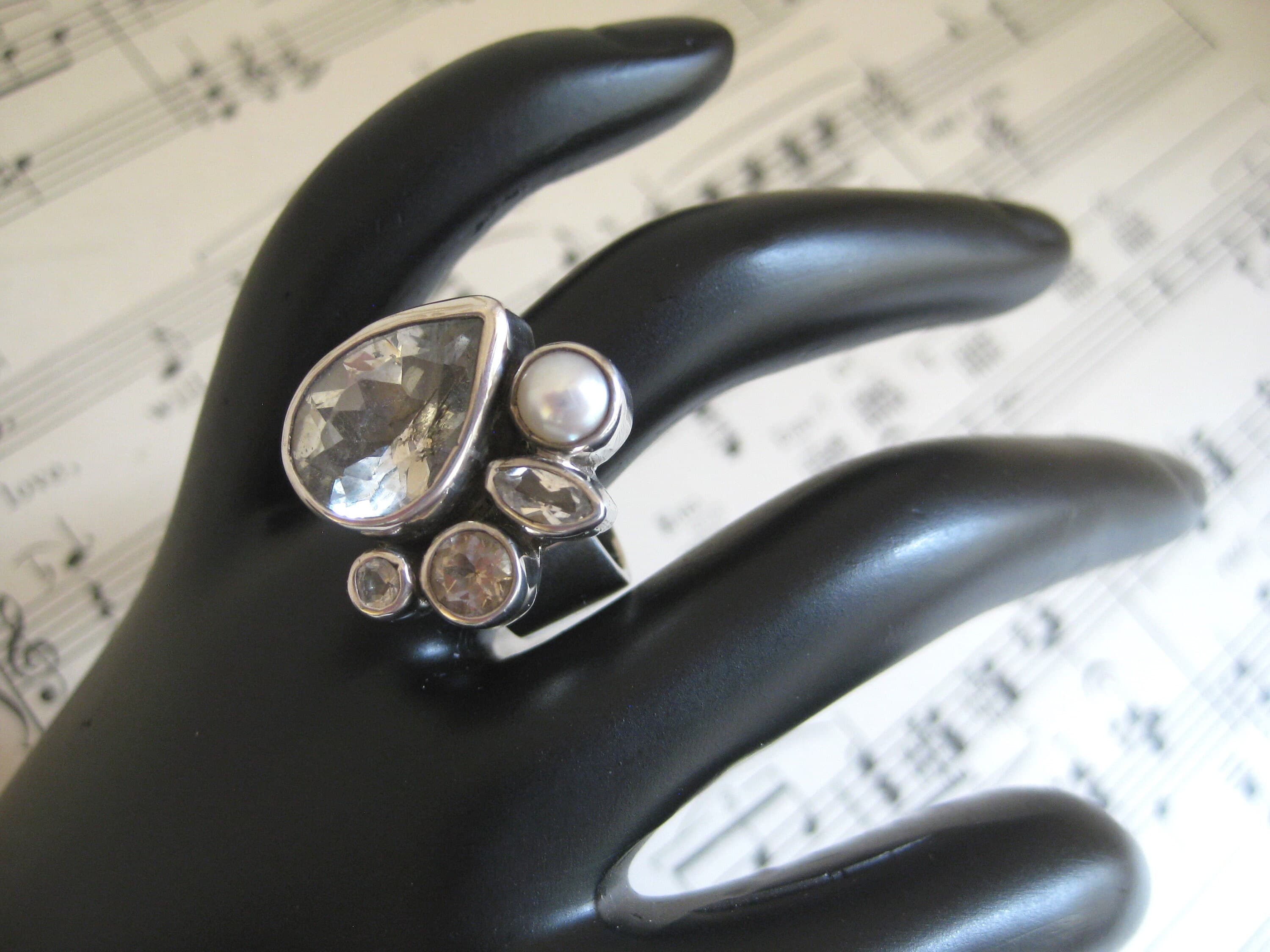 Cocktail Ring, Pear Shaped Jewel, Pearl & Rhinestones, Silver Setting, Estate Find