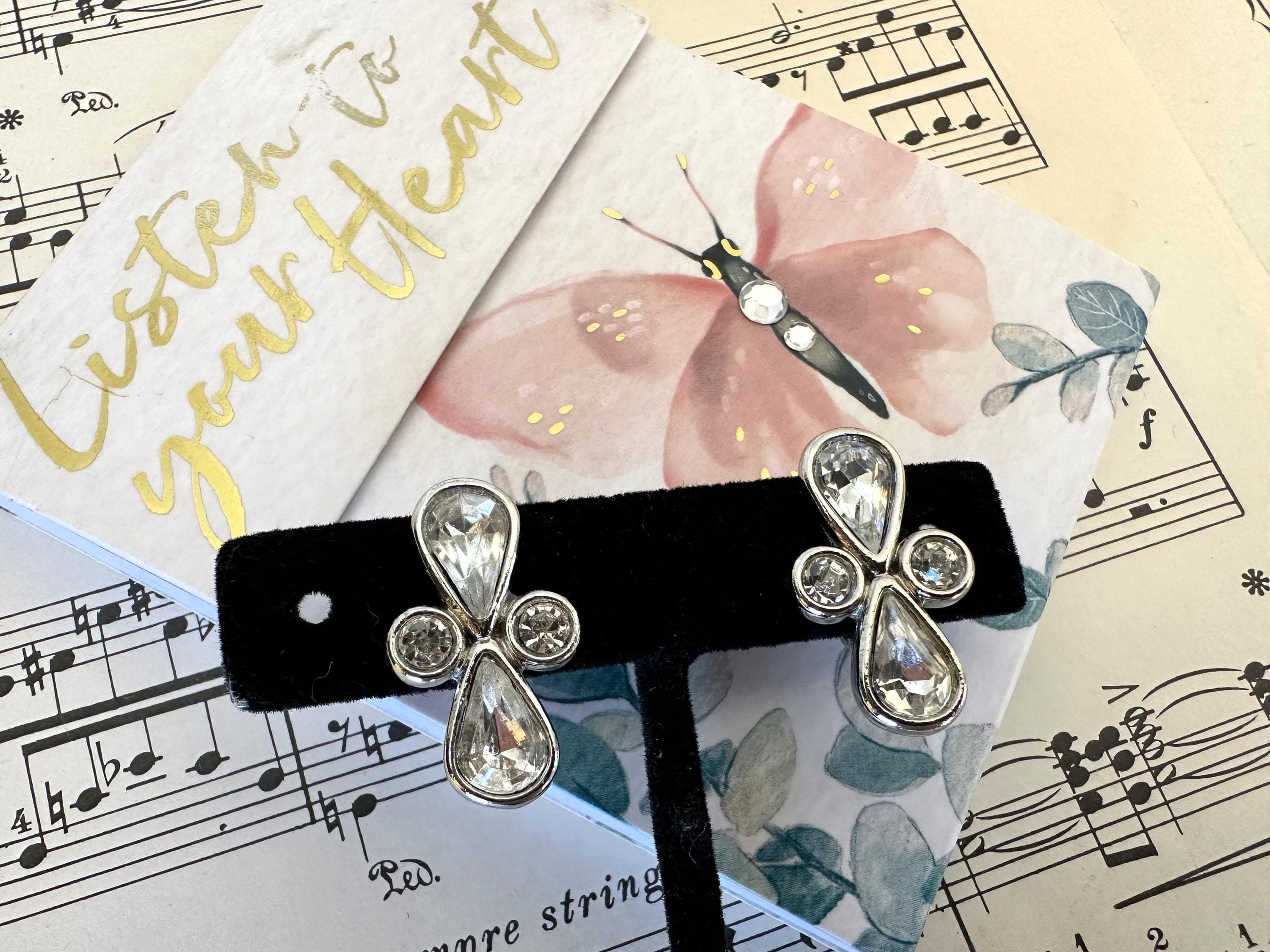 Clip-on Earrings, Clear Rhinestones, Silver Settings, Vintage Estate Find