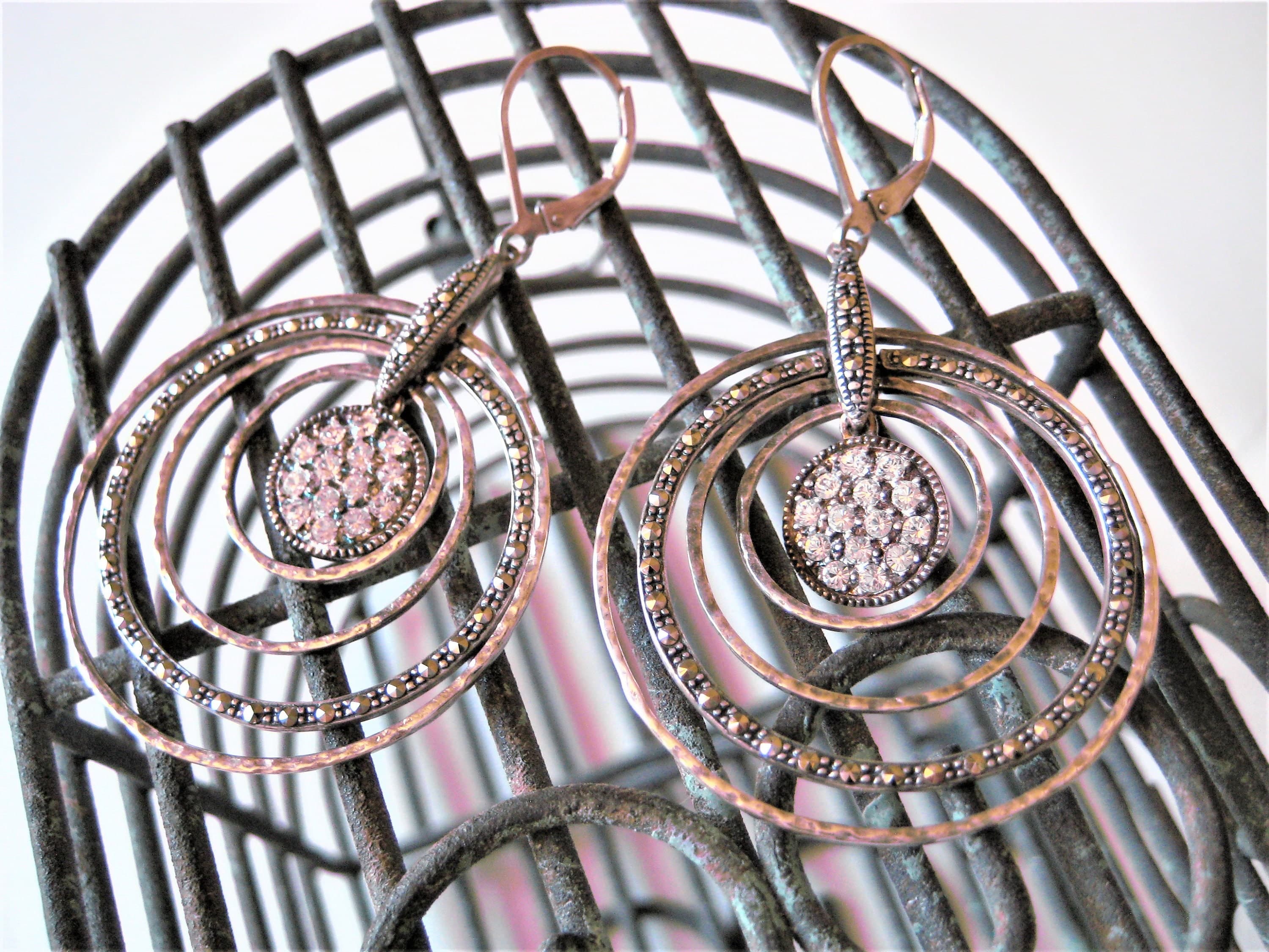 Dangle Earrings, Marcasite Rhinestone, Sterling Silver, Concentric Circles, Vintage - image 5