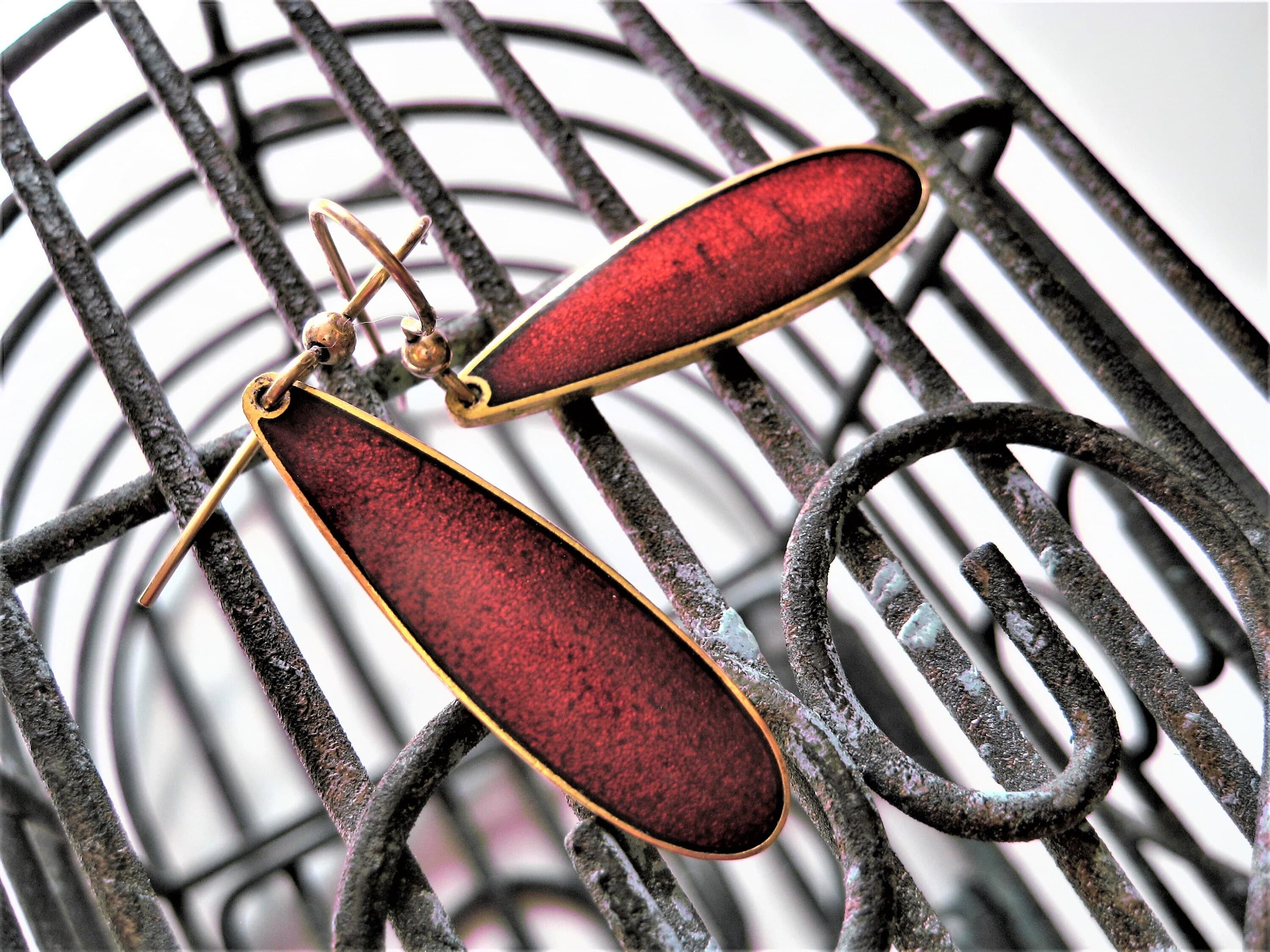 Dangle Earrings, Designer SKYE, Red Enameled Metal, Gold Tone, Vintage