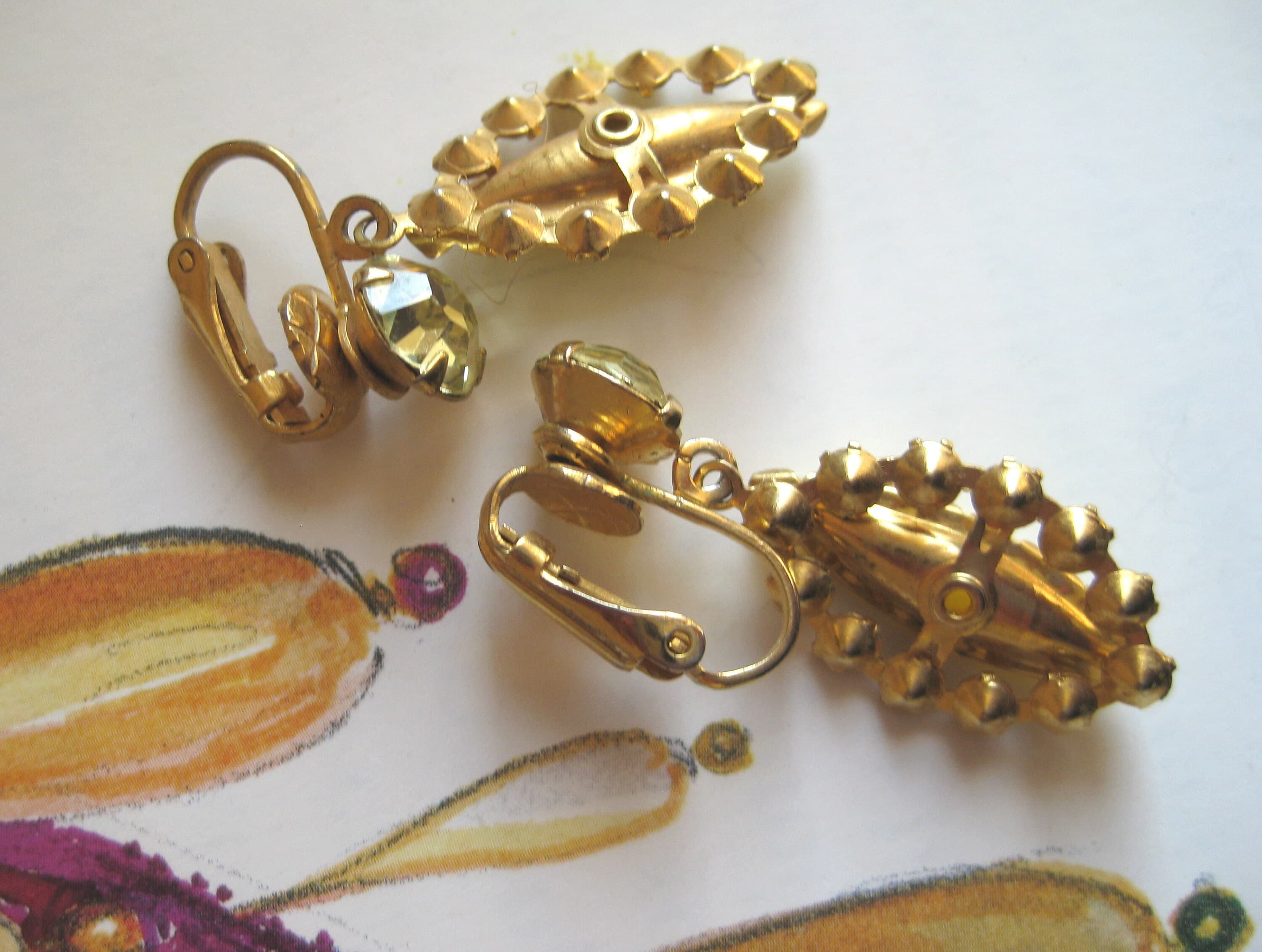 Clip-on Earrings, Yellow Art Glass & Rhinestones, Gold Settings, Vintage - image 5